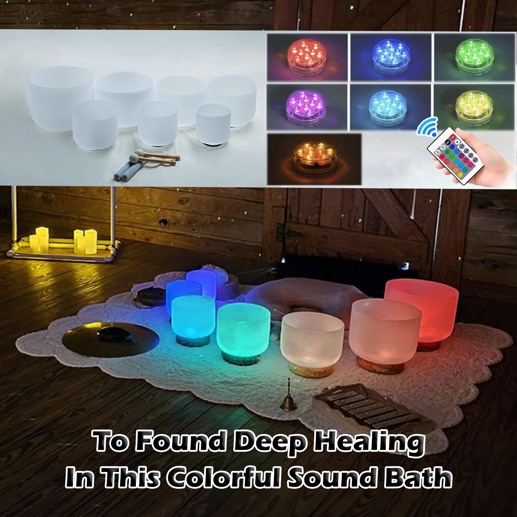 Trybuy 7-Pack LED Lights for Crystal Singing Bowl, RGB Color Changing, Remote Control, Waterproof, Battery Operated, Model BL666