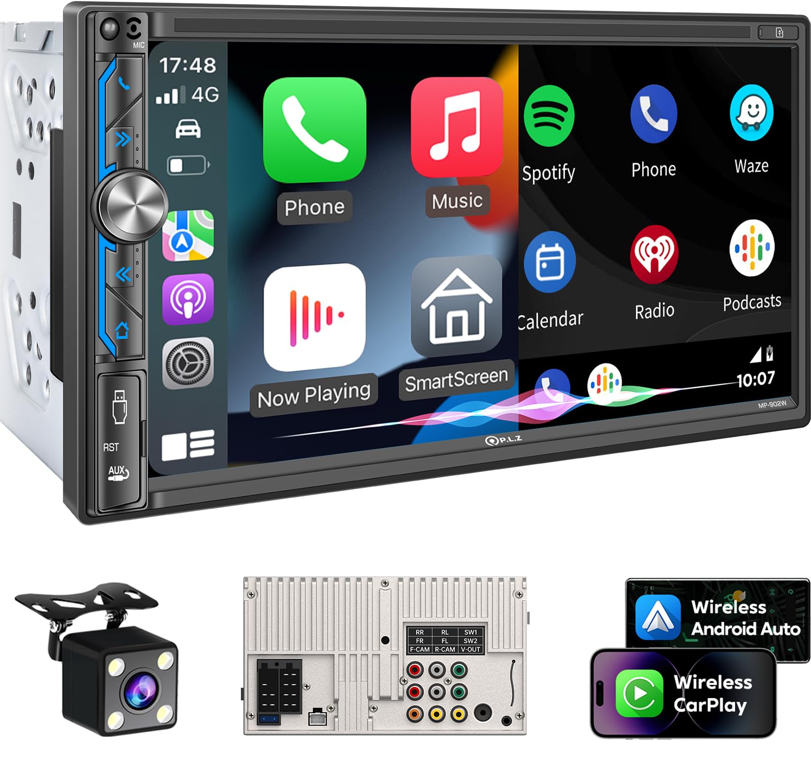 Plz 7'' Wireless Double Din Car Stereo Apple Carplay Radio Screen For Car Audio Receivers, Bluetooth 5.3 Car Play Android Auto T