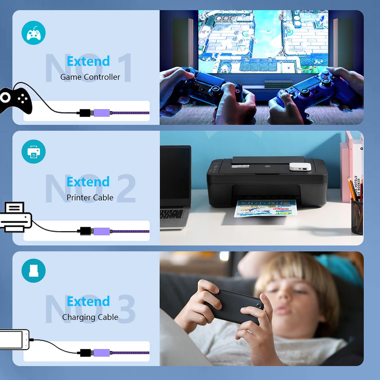 Qqlike Usb Extension Cable,Extender Type A Male To Female Cord Compatible With Keyboard, Mouse, Playstation, Xbox Webcam, Camera