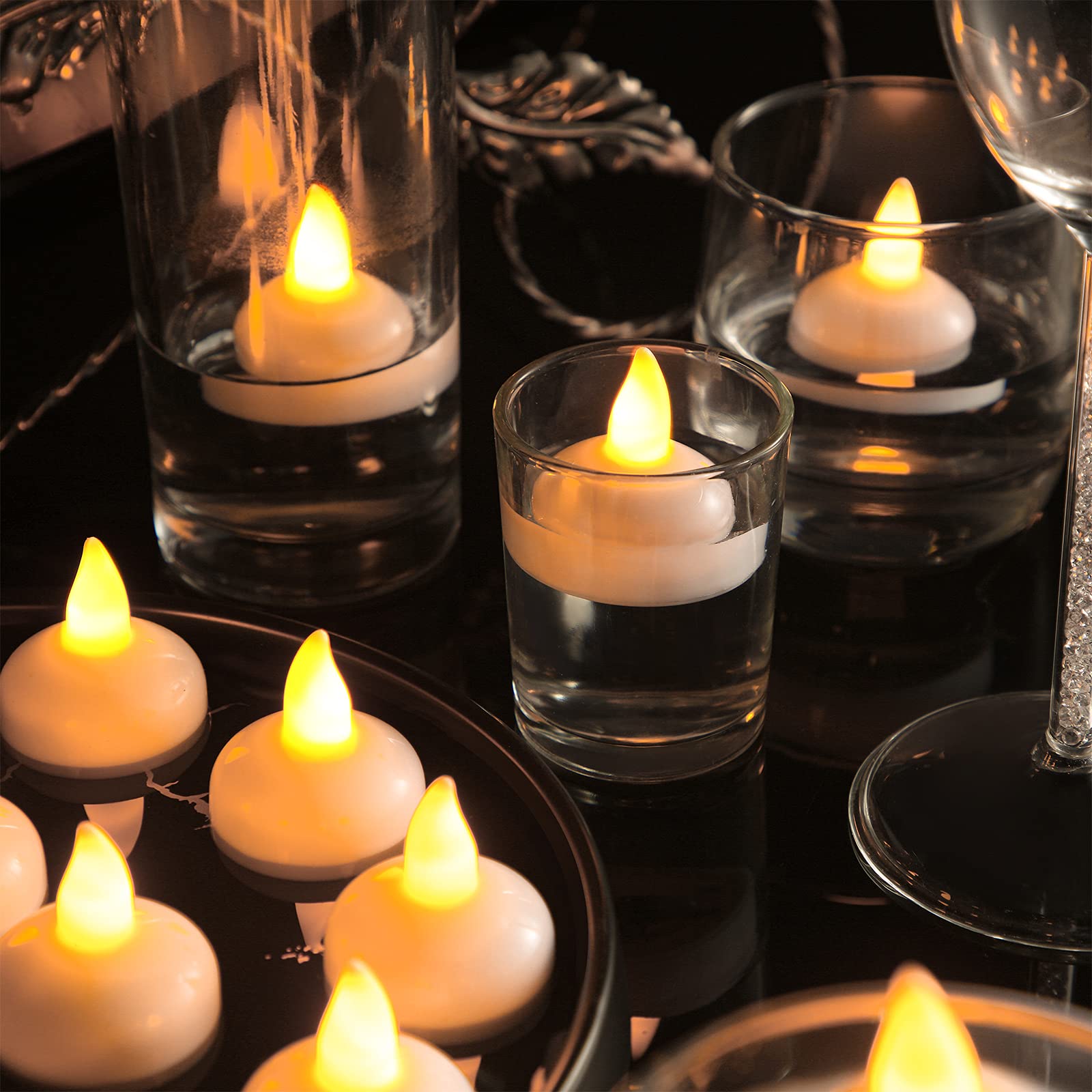 Honoson 24 Pcs Flameless Floating Candles For Centerpiece Waterproof Led Floating Tealights Battery Flickering Tealights For Wed
