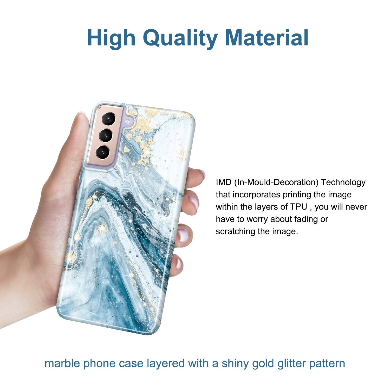 JIAXIUFEN Galaxy S21 Gold Sparkle Glitter Marble Slim Shockproof TPU Phone Case Blue 6.2 inch