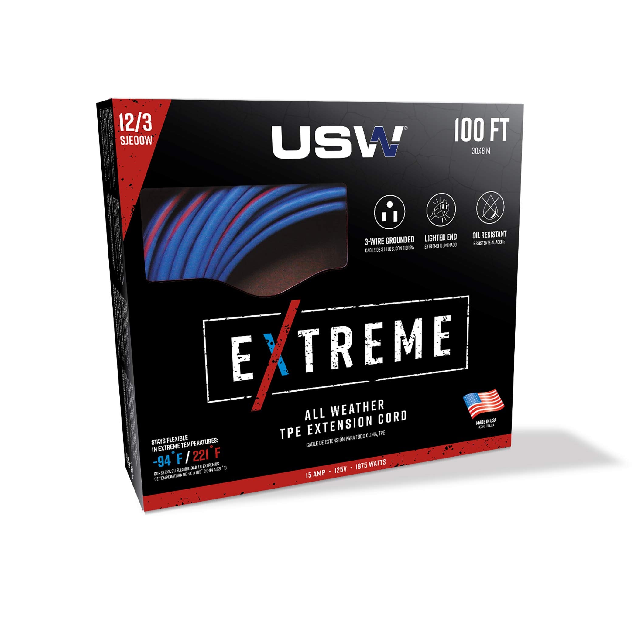 Us Wire 99100 12/3 100 Foot Sjeow Tpe Extreme Weather Extension Cord Blue With Lighted Plug