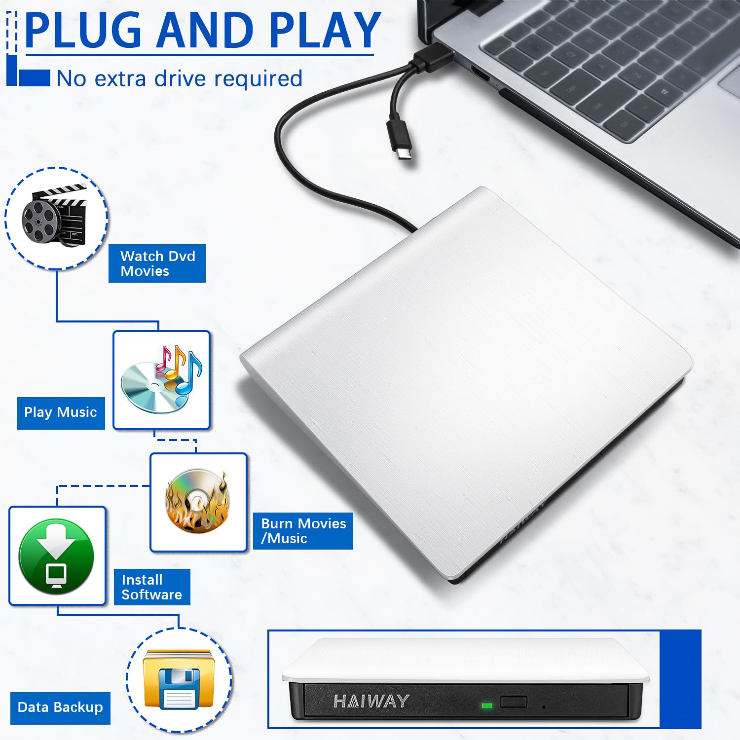 Haiway External Dvd Drive, Usb 3.0 Type C Cd Burner Portable Cd Dvd +/ Rw Optical Drive Slim Cd Dvd Rom Rewriter Cd/Dvd Player W
