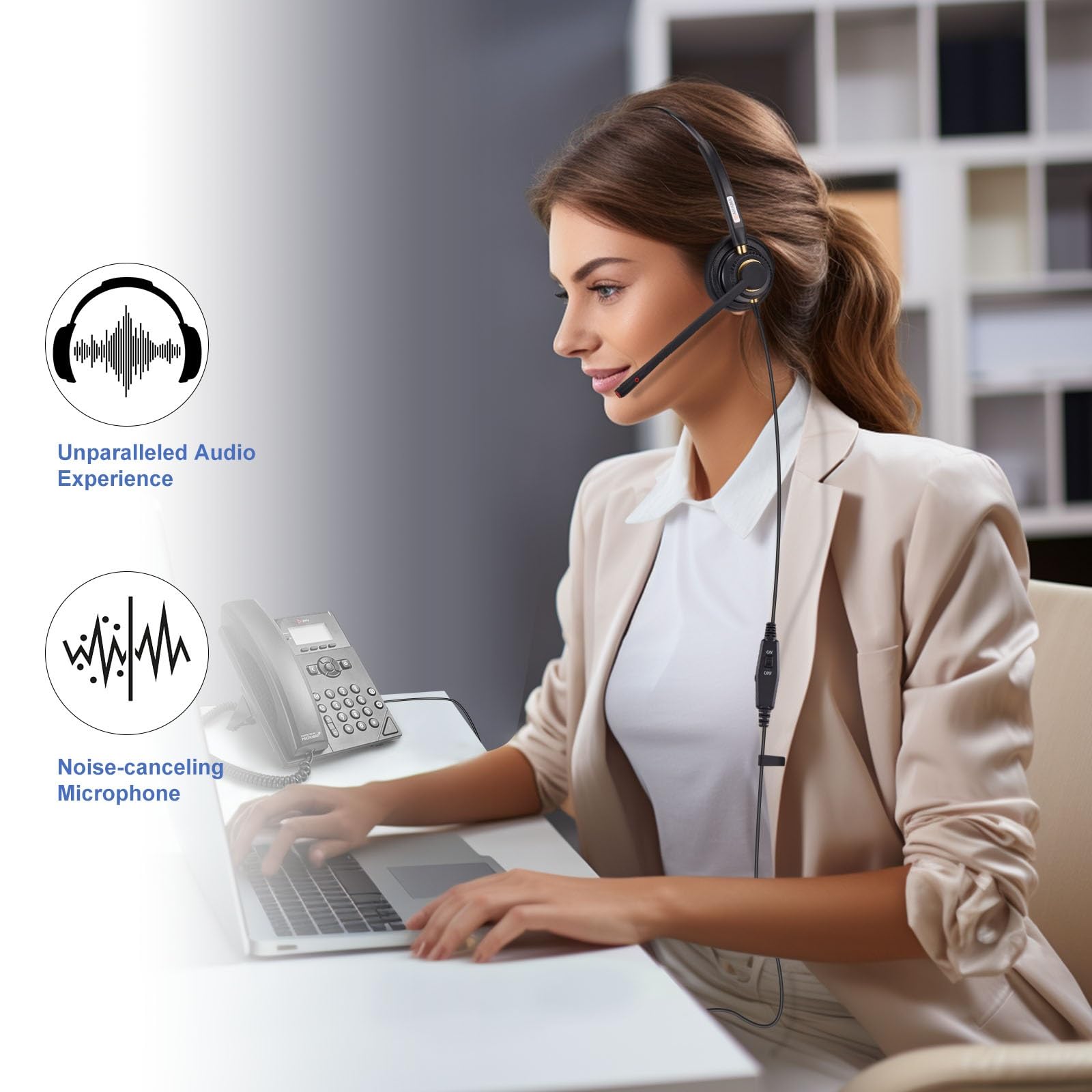Arama Corded Telephone Headset Mono W/Noise Canceling Mic Compatible With Shoretel Plantronics Polycom Zultys Toshiba Nec Aspire