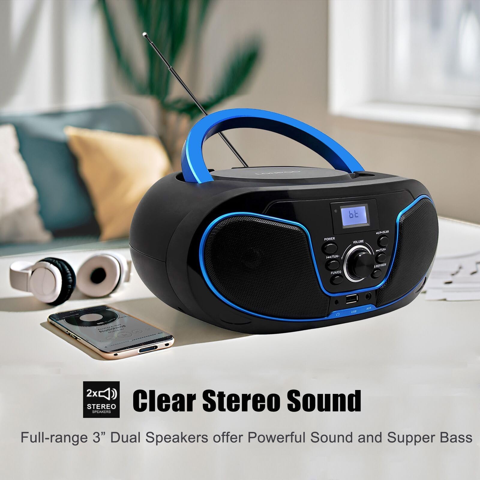 Lonpoo Stereo Cd Boombox Portable Bluetooth Digital Tuner Fm Radio Cd Player With Usb Playback,Bluetooth In,Aux Input And 35Mm E