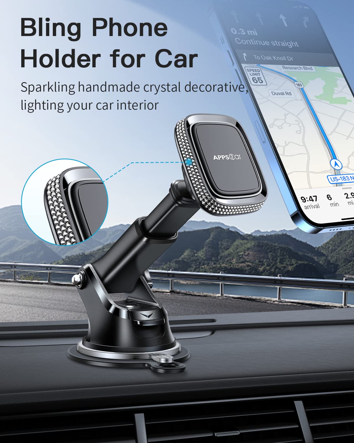 Apps2Car Magnetic Phone Holder For Car, Bling Dashboard/Windshield Sturdy Suction Cup Phone Holder, Crystal Magnetic Phone Mount
