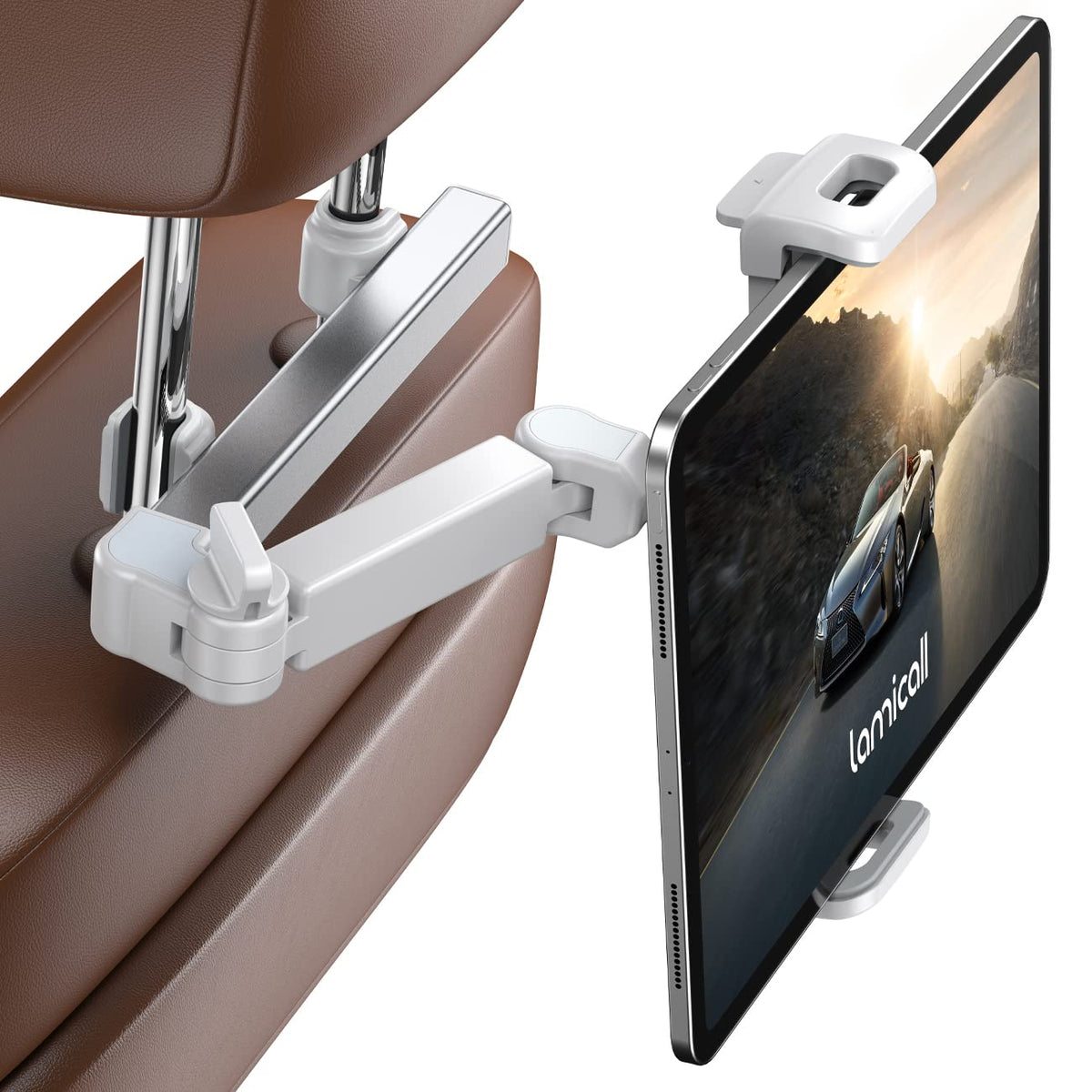 Lamicall Car Headrest Tablet Holder   [ Extension Arm] 2023 Adjustable Tablet Car Mount for Back Seat, Road Trip Essentials for Kids, for 4.7 11' Tablet Like iPad Pro, Air, Mini, Galaxy, Fire, White