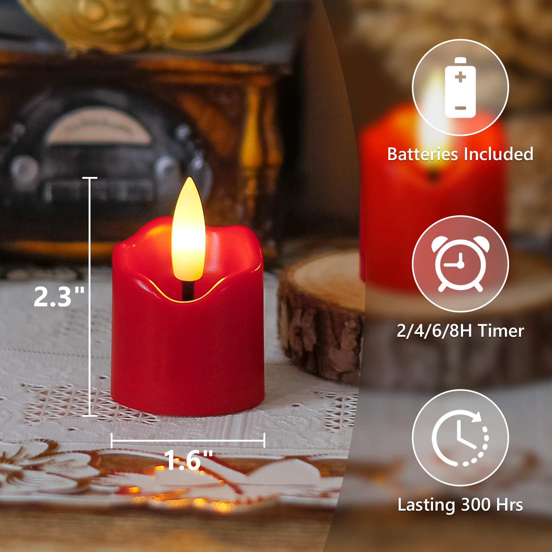 Wroxipel 6 Pack Battery Operated Auto Daily Timer Burgundy Plastic Led Flameless Votive Candles, Long Runtime 1.6'' X2.3'' Flick