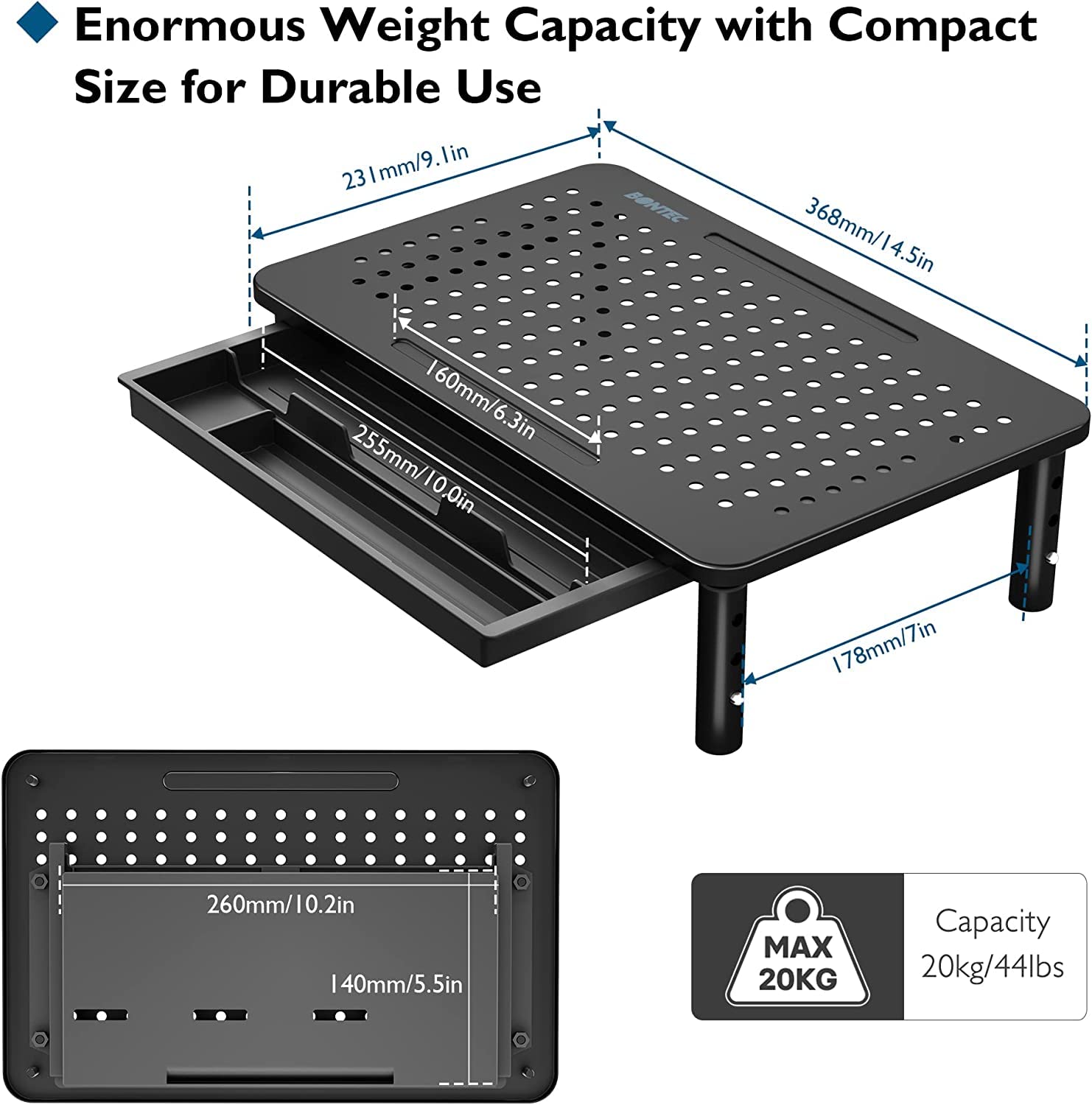 Bontec 2 Pack Monitor Stand Riser With Drawer, 3 Height Adjustable Pc Monitor Riser For Desk With Mesh Platform For Laptop, Comp