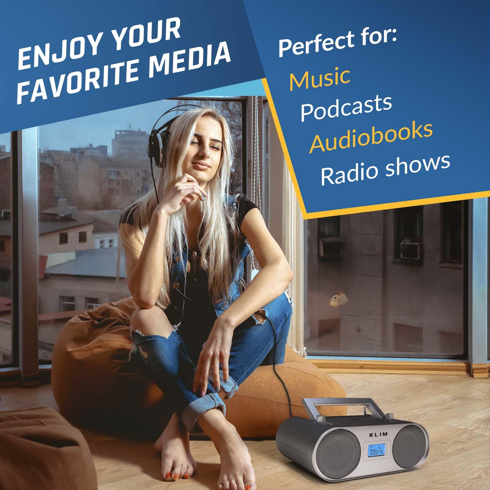 Klim Boombox B4 Cd Player Portable Audio System + Am/Fm Radio With Cd Player, Mp3, Bluetooth, Aux, Usb + Wired & Wireless Mode,