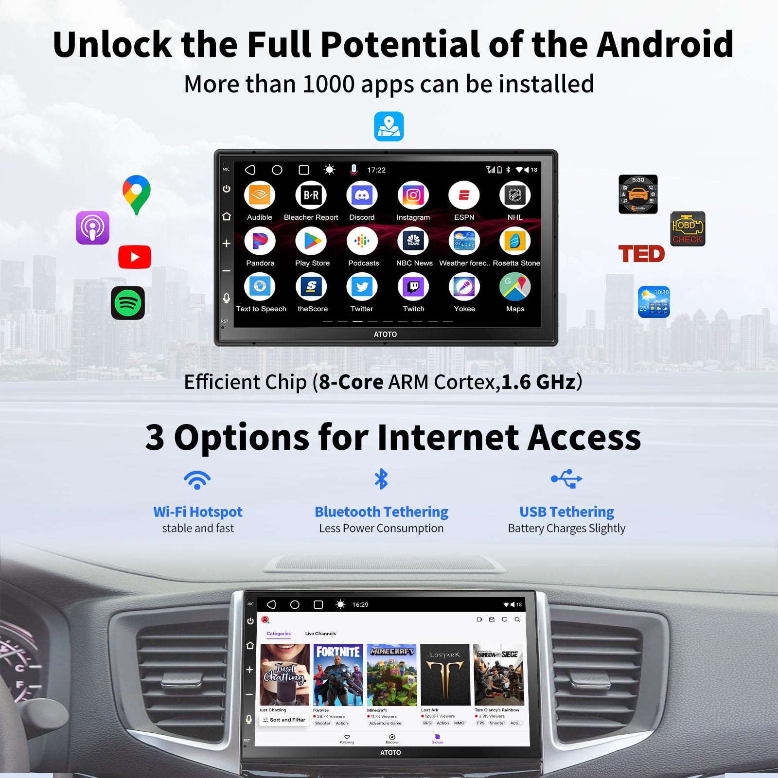 Atoto A6 7'' Double Din Car Stereo Video Receivers, Chatgpt Ai 2G+32G Android Radio Wireless Carplay/Android Auto Touch Screen,