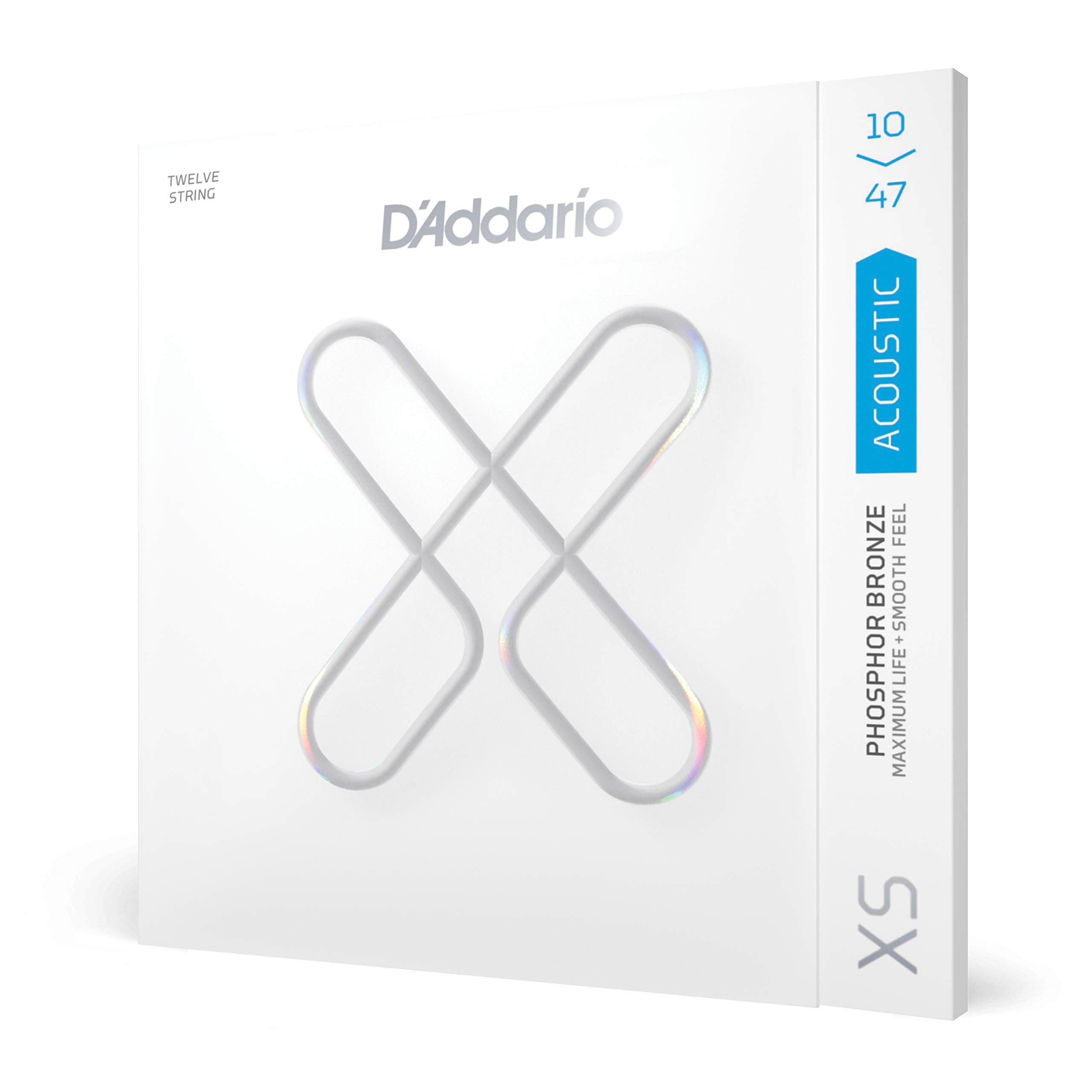 DAddario Acoustic Guitar Strings, XS Phosphor Bronze Coated, XSAPB1047, Light Gauge 10-47, 12-String Set, Pack of 1