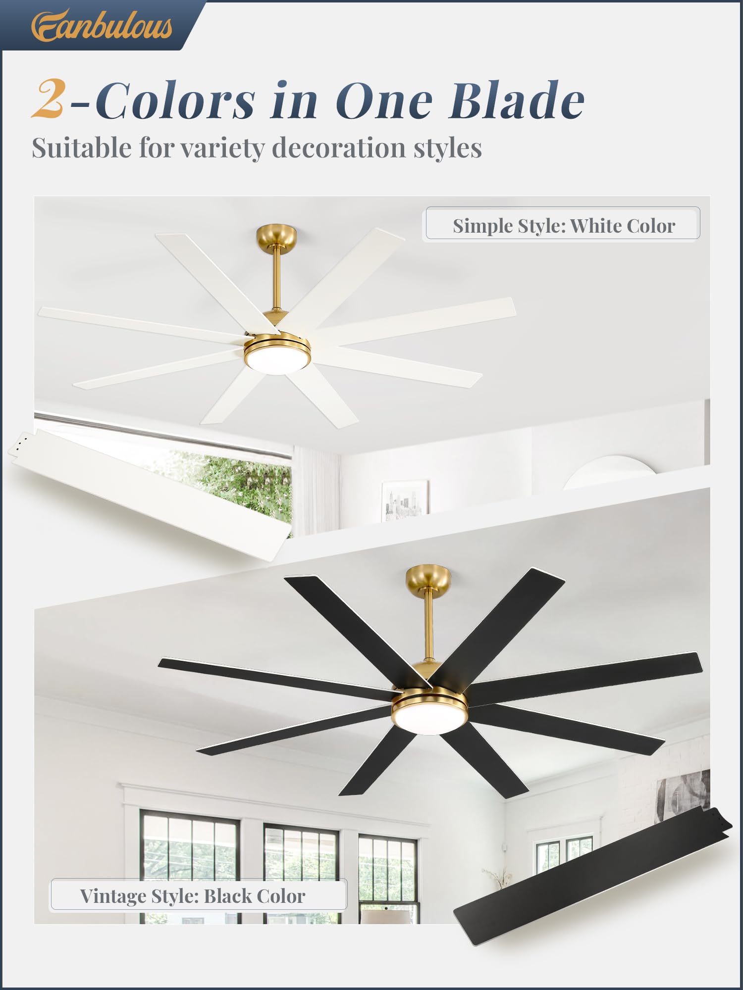Fanbulous 65 Inch Ceiling Fans With Lights And Remote, Gold Indoor/Outdoor Ceiling Fan With Quiet Reversible Dc Motor, 6 Speeds,