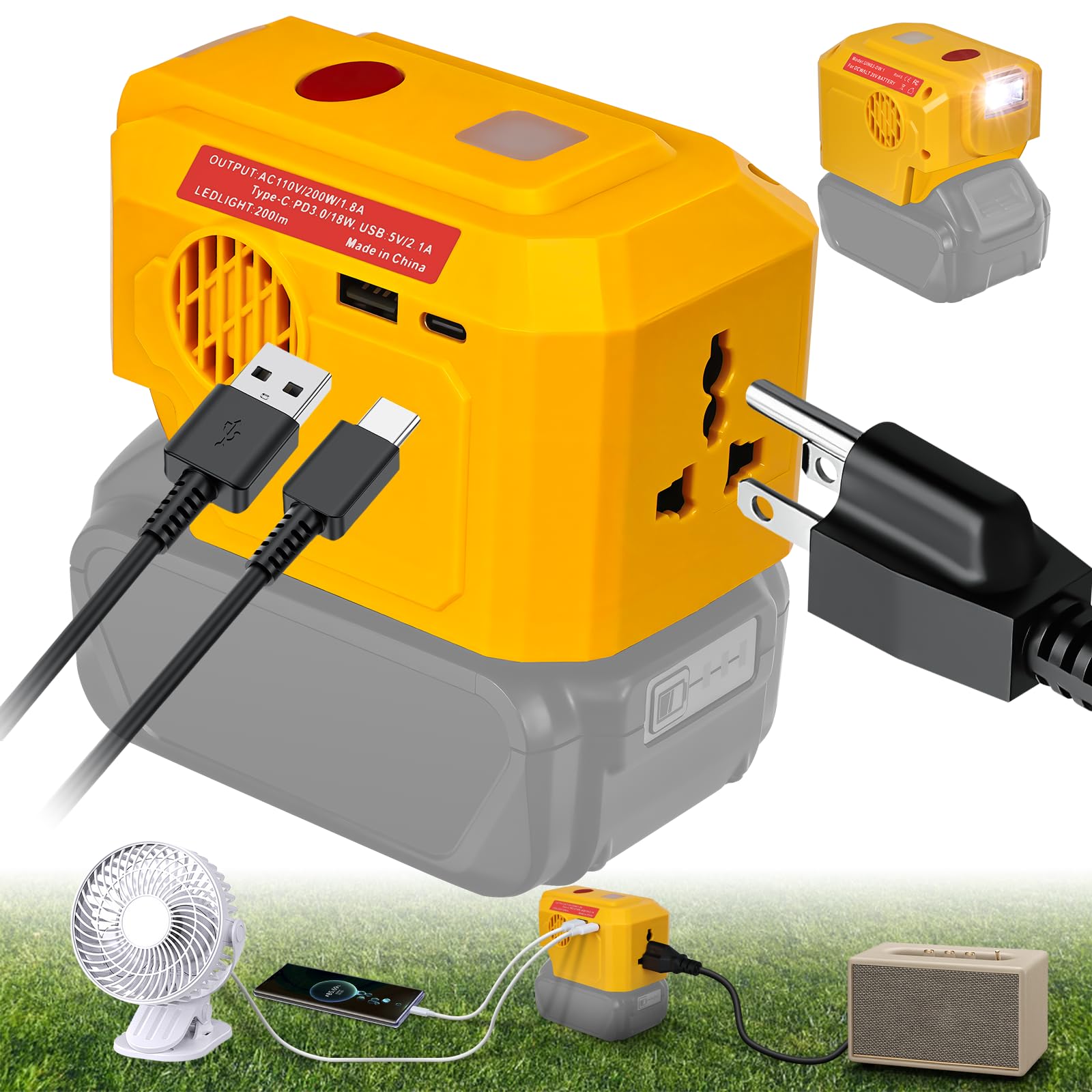 200W for Dewalt Power Inverter, for DeWalt 20V Battery Adapter Charger, with 110V AC Outlet &USB Port&Type-C Port& LED Light Por