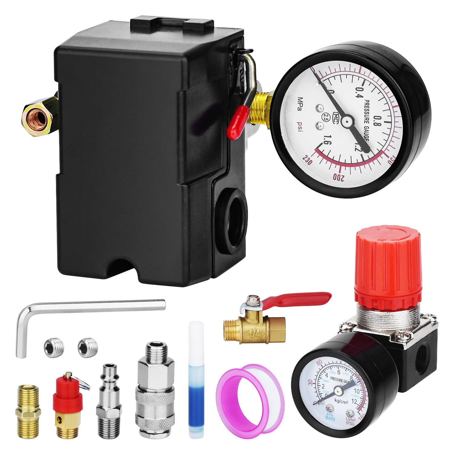 Universal Air Compressor Pressure Switch Control Valve (90 120 Psi, 110V 240V) With 0 180 Psi Regulator And Safety Pressure Reli