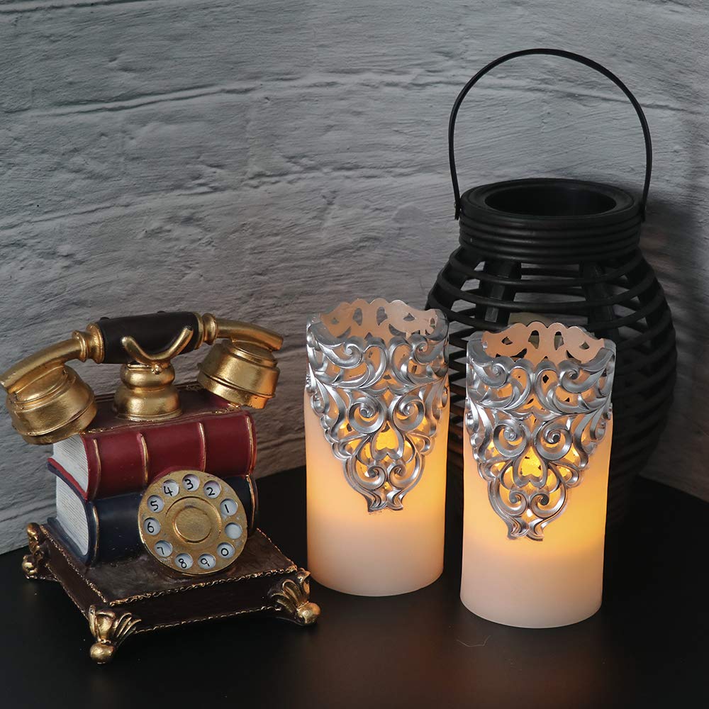 Eldnacele Flameless Christmas Silver Candles With 5H Timer, Flickering Real Wax Battery Operated Pillar Candles For Christmas Pa