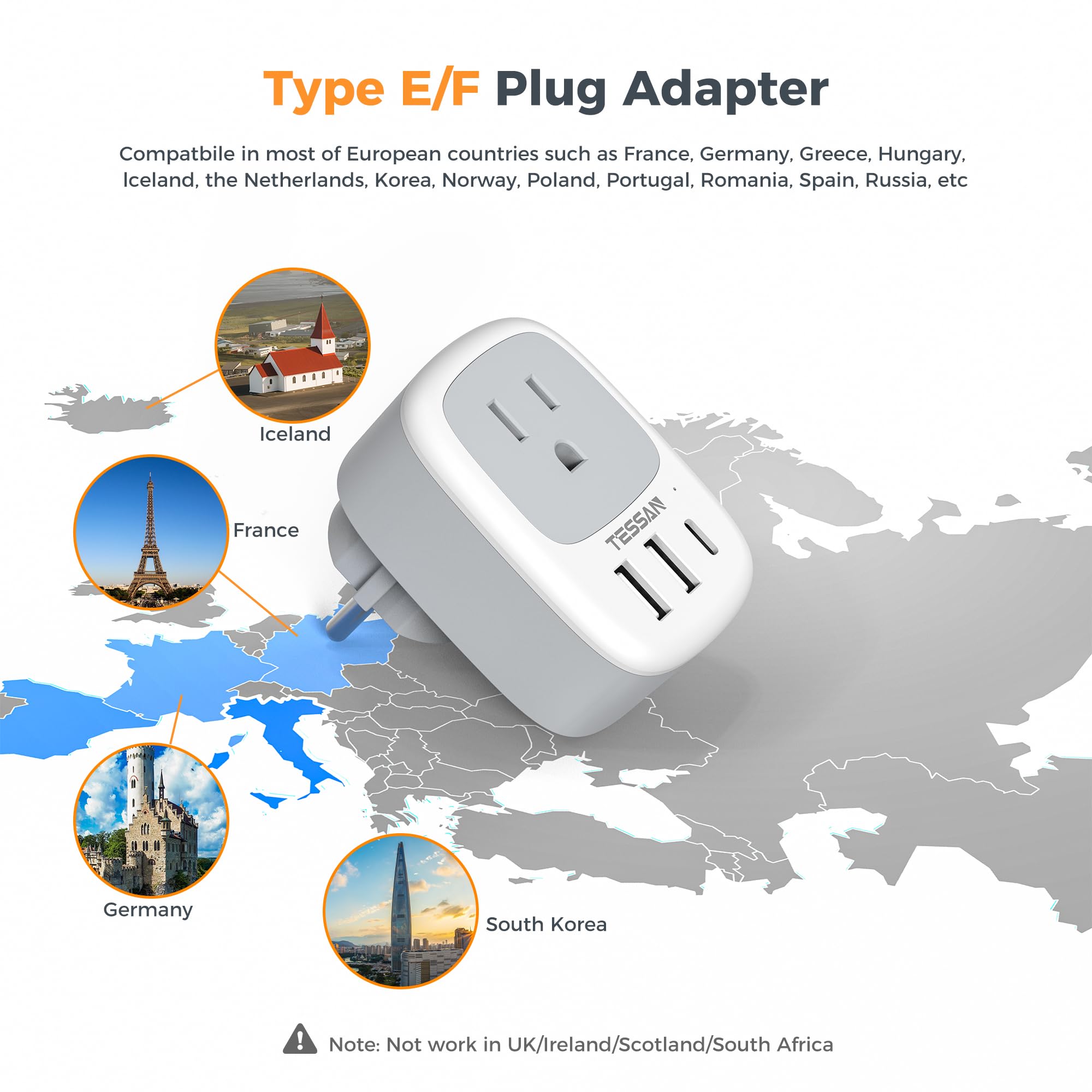Type E F Plug Adapter Usb C, Tessan Germany France Power Adaptor, Schuko Outlet With 3 Usb Ports, Travel Plug For Us To Europe E