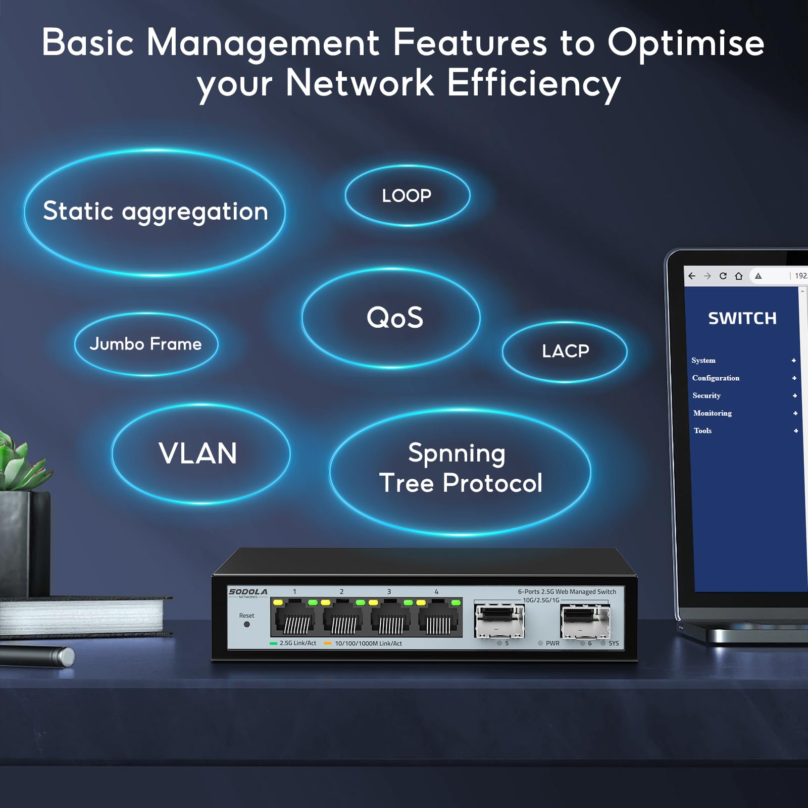 Sodola 6 Port 2.5G Easy Web Managed Switch, 4 X 2.5G Base T Ports, 2 X 10G Sfp+, Static Aggregation,Qos/Vlan/Igmp, 2.5Gb Network