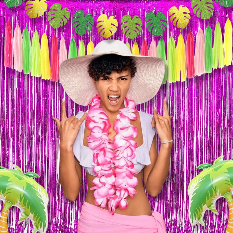 Braveshine Hot Pink Tinsel Foil Fringe Curtains   2Pcs 3.2X8.2Ft Metallic Party Streamers Backdrop For Girl Birthdays Valentines