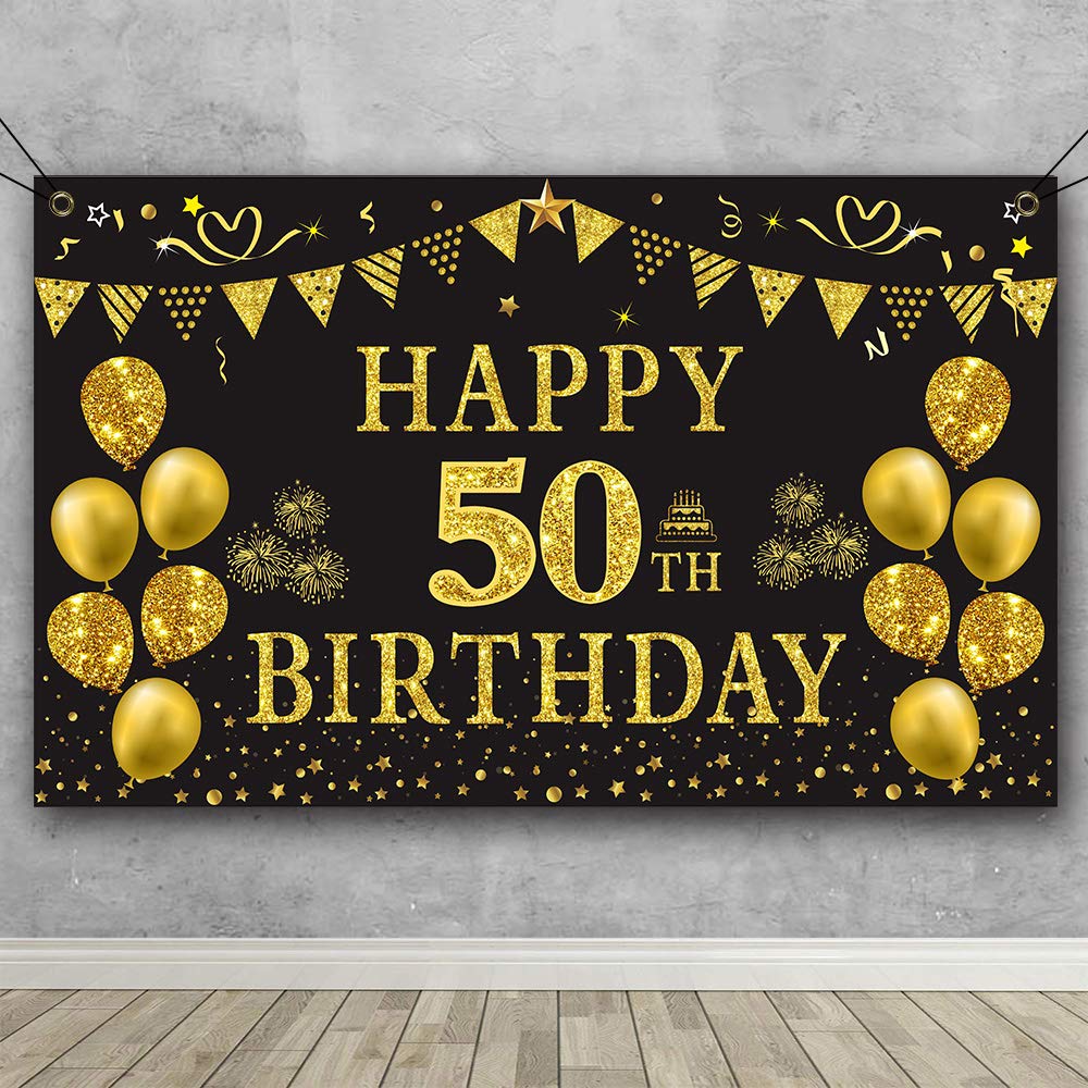 Trgowaul 50Th Birthday Backdrop Gold And Black 5.9 X 3.6 Fts Happy Birthday Party Decorations Banner For Women Men Photography S