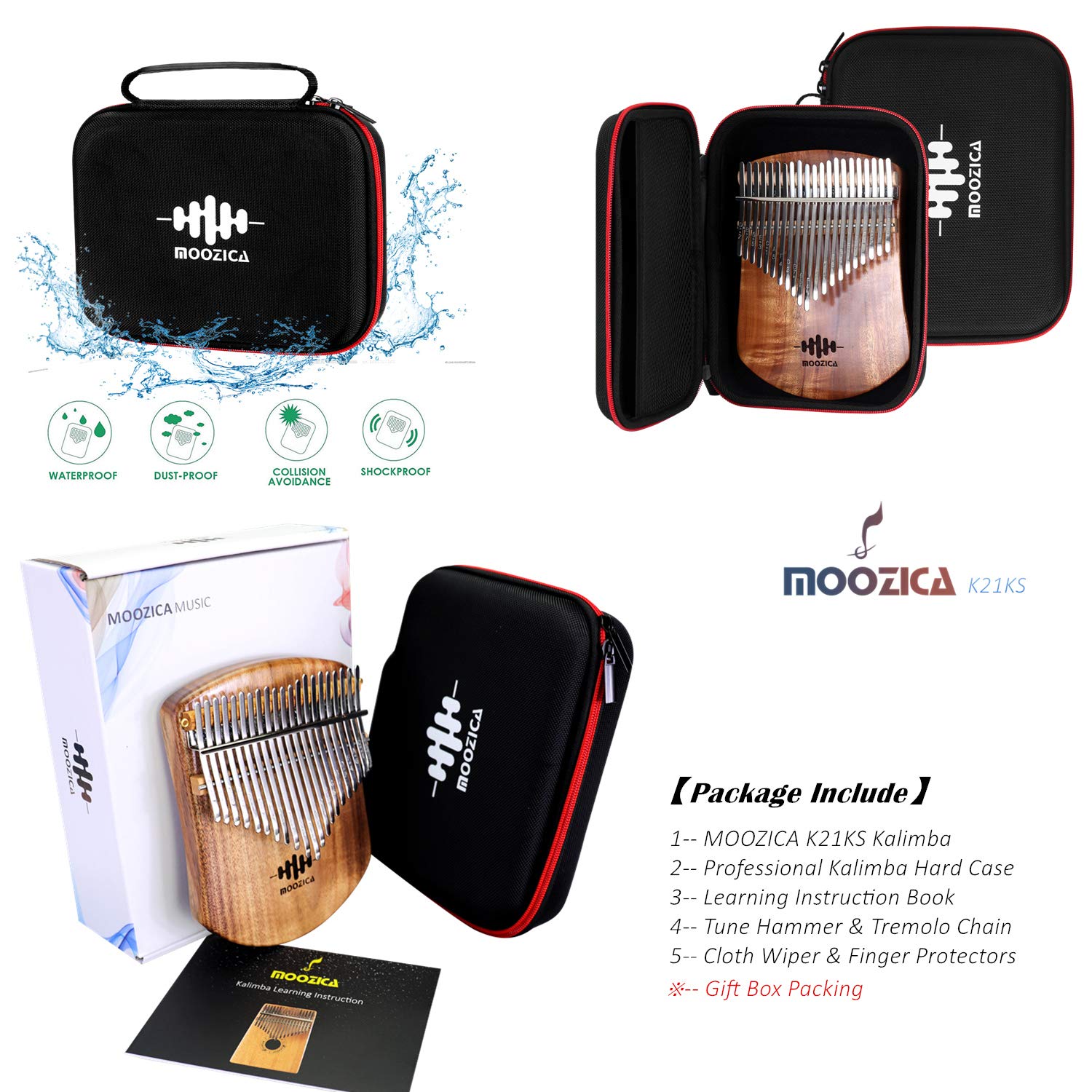 Moozica 21 Keys Solid Koa Kalimba Thumb Piano, Single Solid Wood Flat Board Professional Kalimba Marimba With Learning Instructi