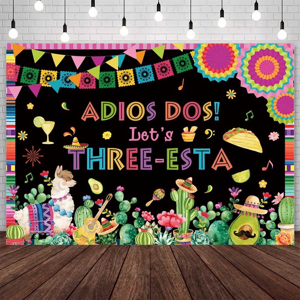 AIBIIN 7x5ft Mexican Third Birthday Backdrop Fiesta Three-Esta Happy Birthday Party Decoration Mexican Fiesta Cactus 3rd Birthda