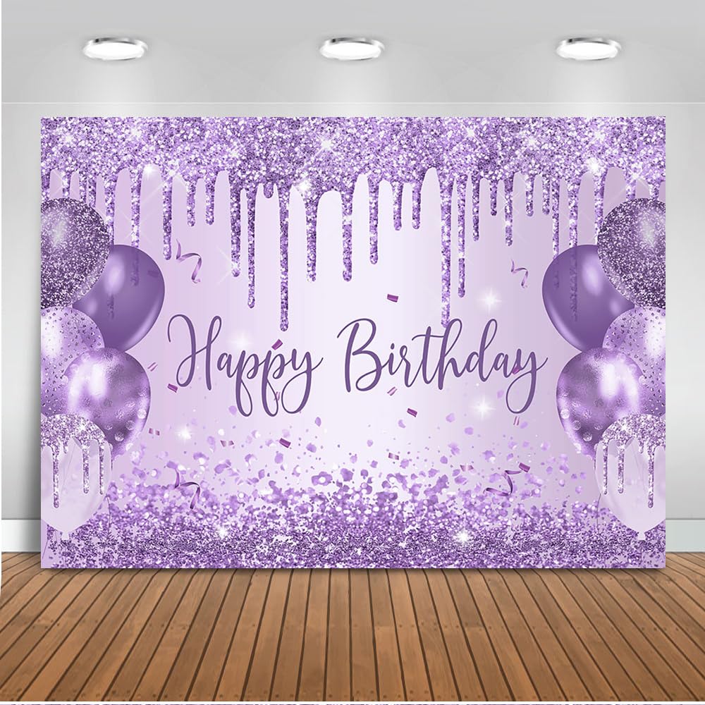 Mocsicka Purple Birthday Backdrop Glitter Balloon Woman Happy Birthday Party Decorations Glitter Girls Sweet 16 18Th 21Th Birthd