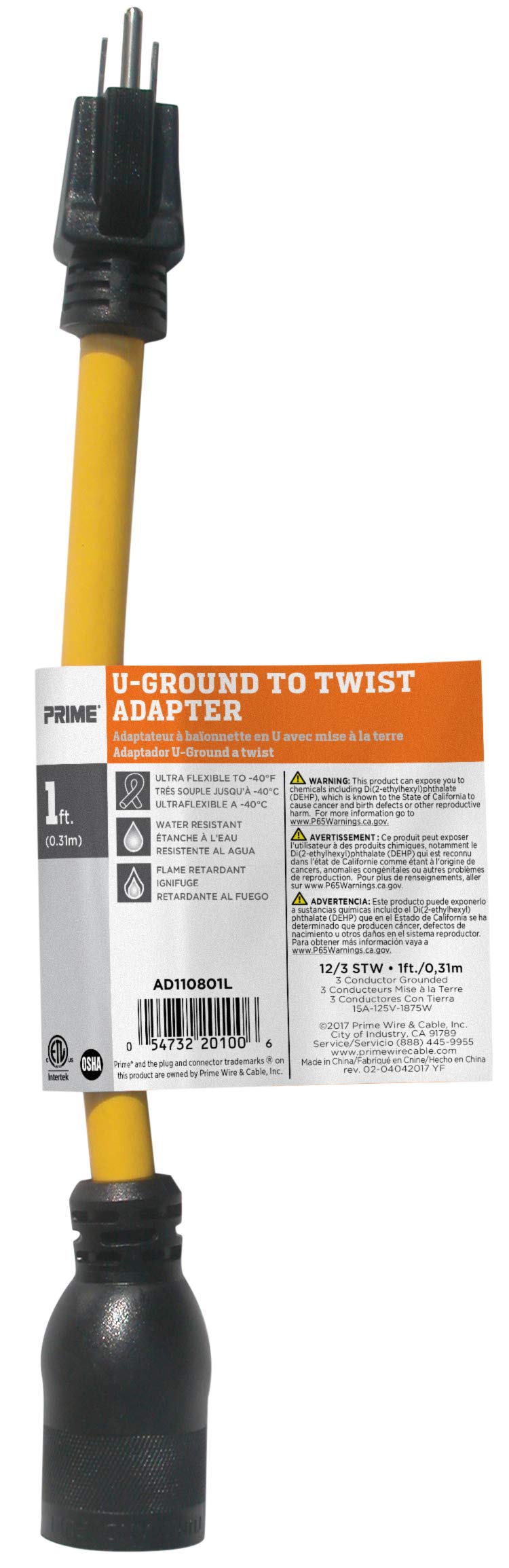 Primead110801L 1 Feet 12/3 Stow U Ground To Twist Adapter, Yellow