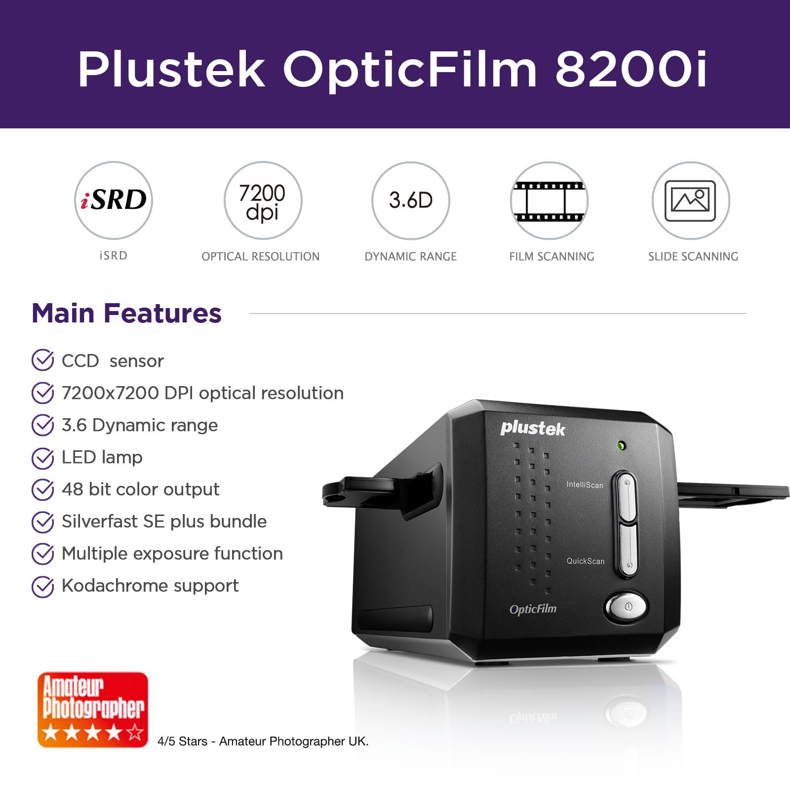 Plustek Opticfilm 8200I Se , 35Mm Film & Slide Scanner. 7200 Dpi / 48 Bit Output. Integrated Infrared Dust/Scratch Removal. Bundle Silverfast Se Plus 9 , Support Mac And Pc.