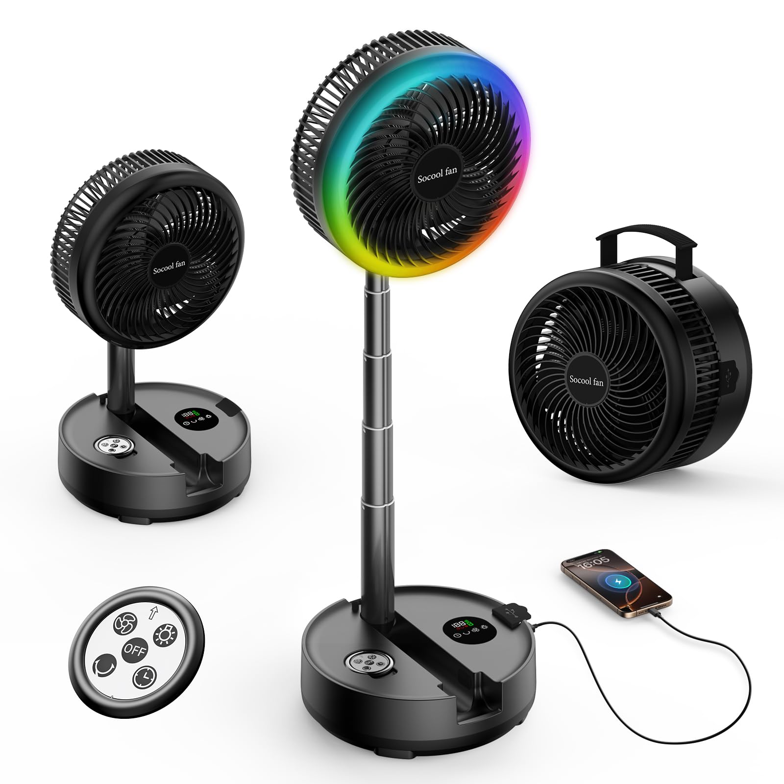 Socool 40000mAh Portable Fan Foldable Battery Rechargeable with 8 Speed & 106H, 90 Osciliating Floor Standing Fan Remote, Desk F