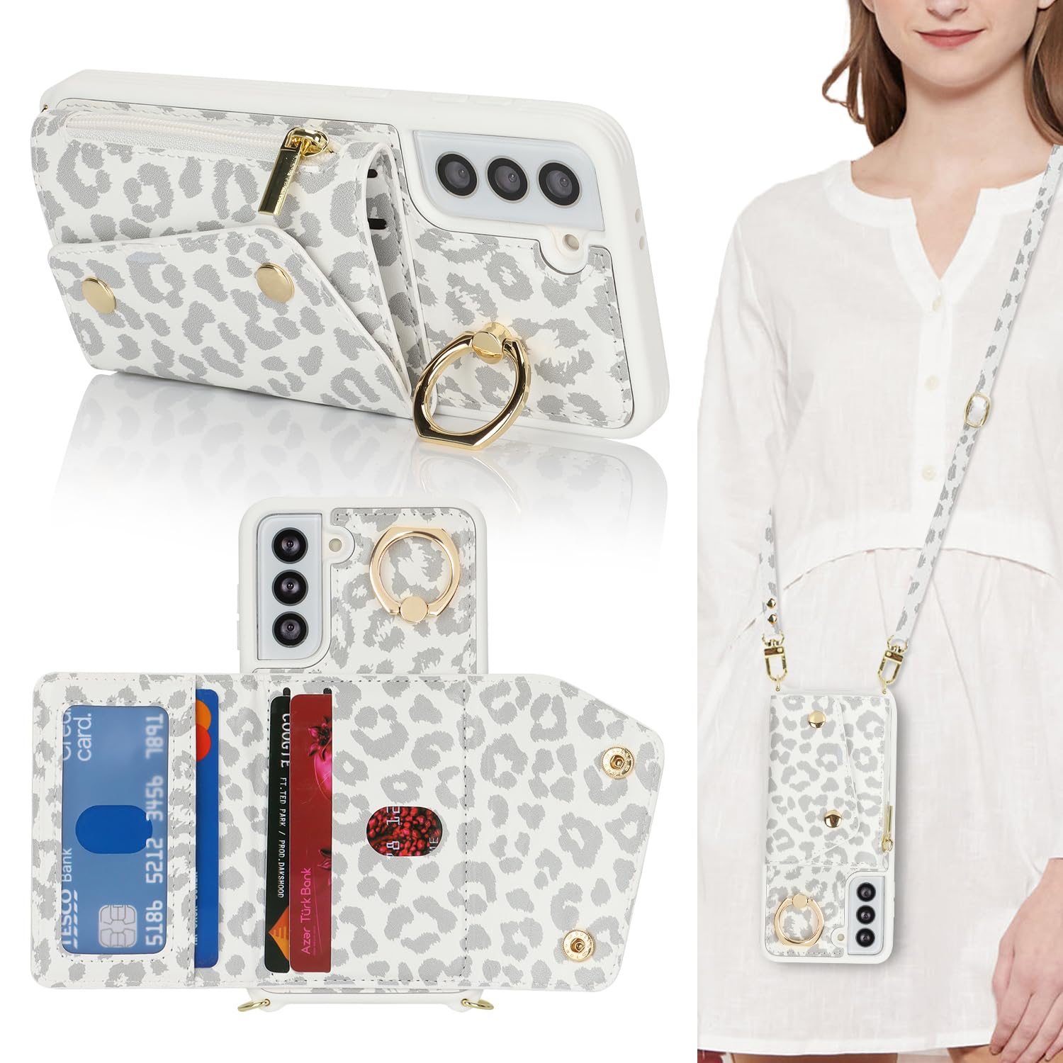 Lipvina for Samsung Galaxy S21 FE Case with Card Holder and Strap - Zipper Pocket,Crossbody Lanyard Strap,Credit Card Holder,Sta