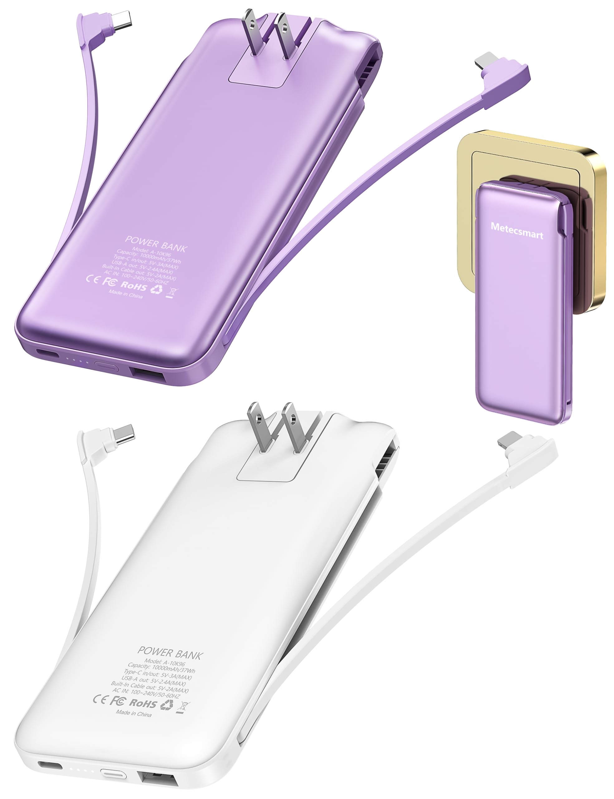 Metecsmart 2 Pack 10000Mah Phone Portable Charger Power Bank, Built In Cable And Ac Wall Plug, Fast Slim Usb C Charging Battery