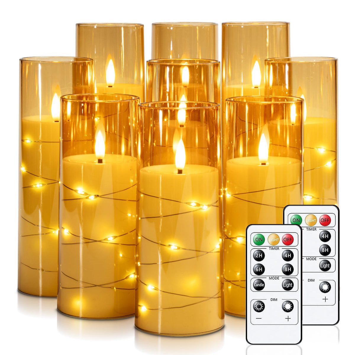 Raycare Flameless Led Candles With Embedded Star String, 9 Pcs Battery Operated Acrylic Pillar Candles With Timer And Remote, Fl