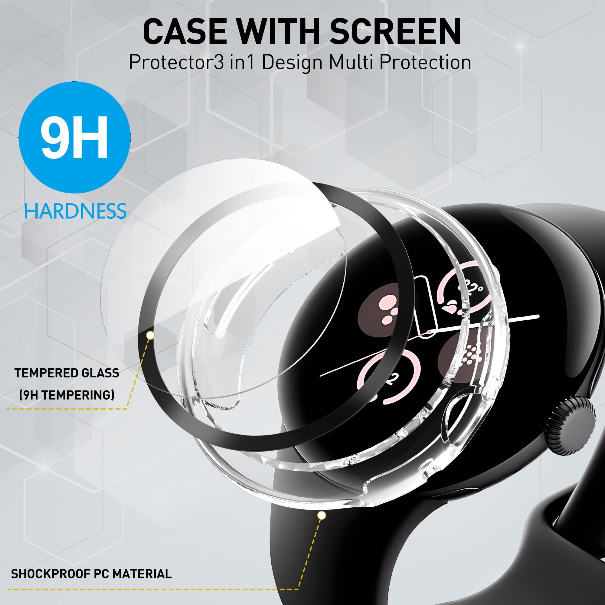 Suoman 3 Pack For Google Pixel Watch 3/Pixel Watch 2/Pixel Watch 41Mm Screen Protector Case, Tempered Glass Screen Protector+All