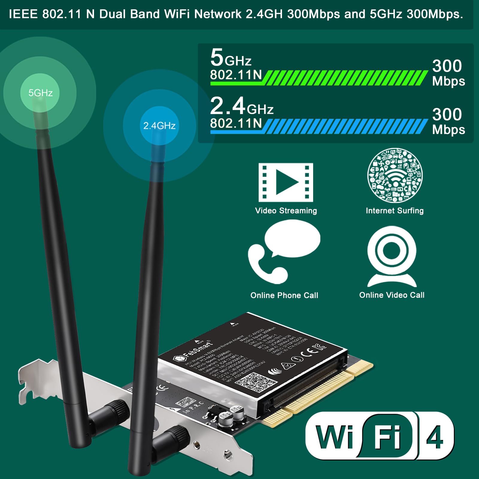 FebSmart PCI-N600 Dual Band 600Mbps Wireless N PCI WiFi Adapter for Windows 11 10 7 Desktop PCs Black