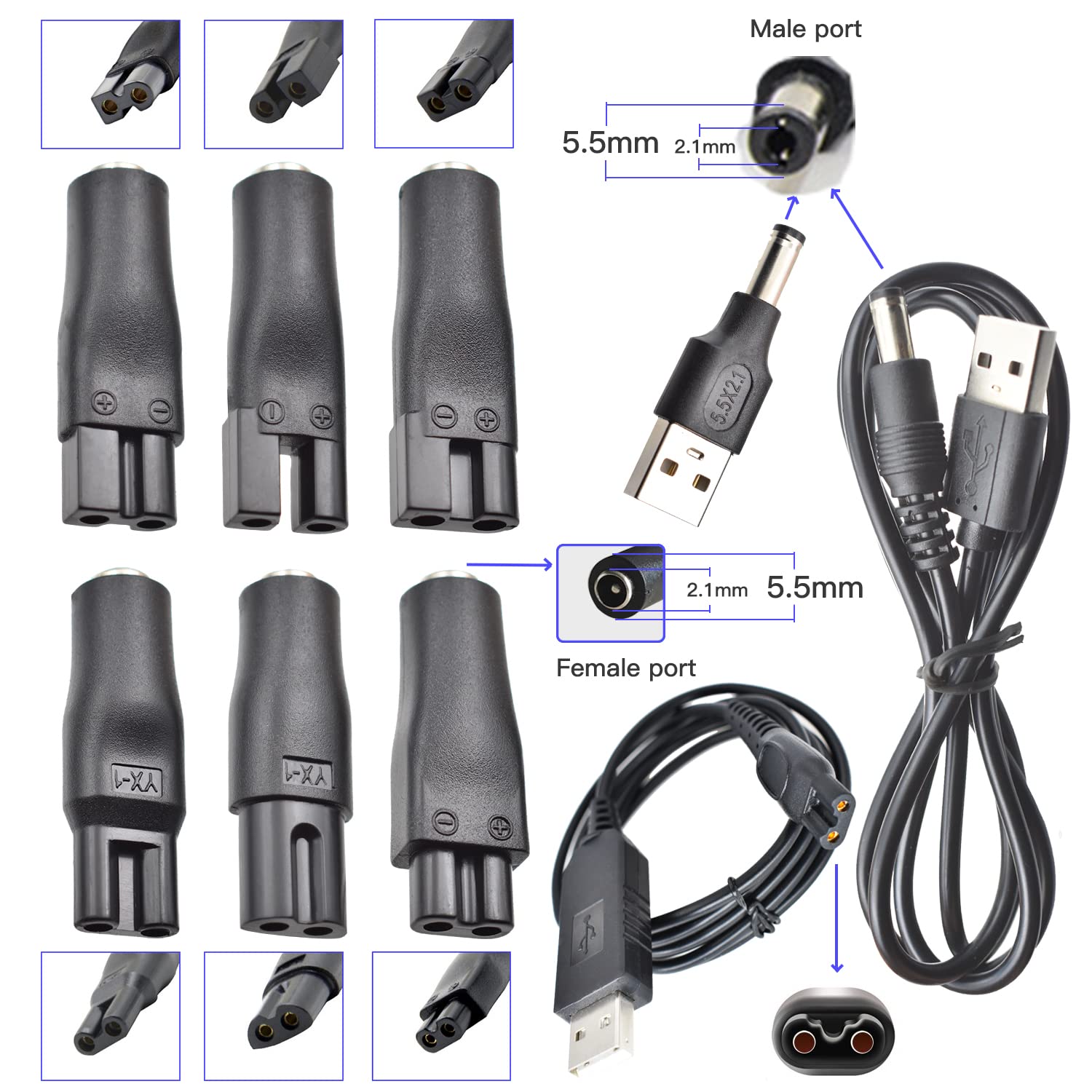 9 Pcs Replacement Power Cord 5V Charger Usb Adapter Suitable For Electric Hair Clippers, Beard Trimmers, Shavers, Beauty Instrum