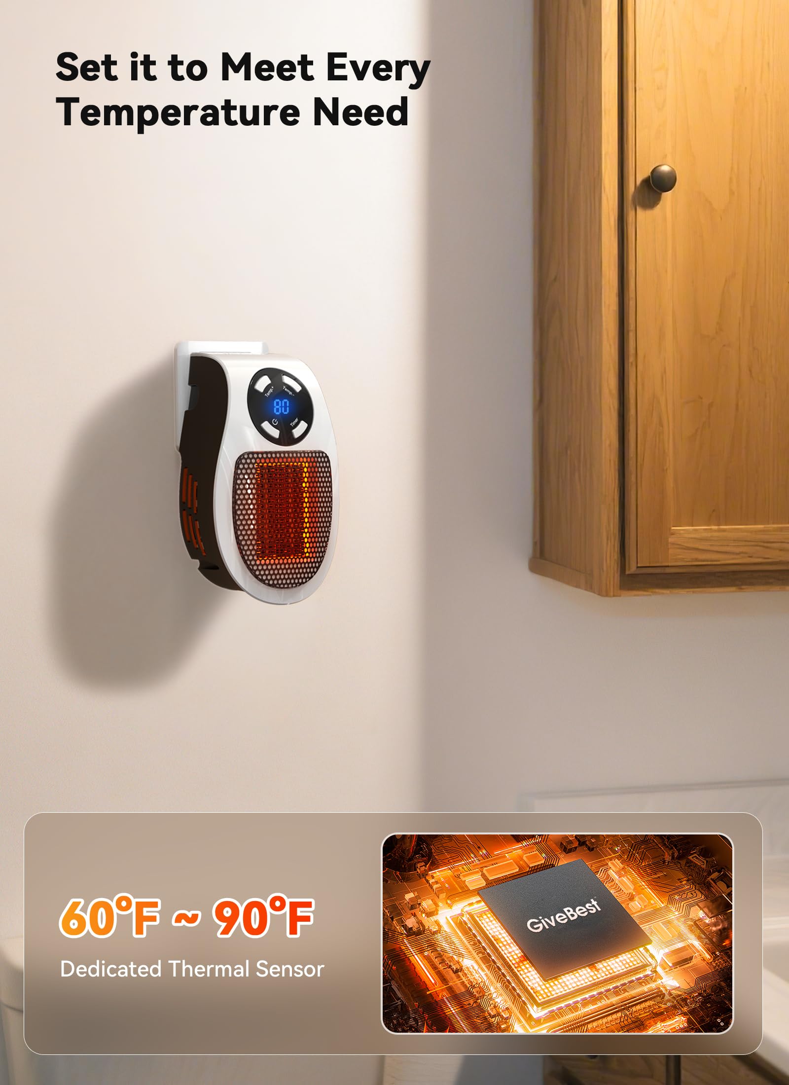 Givebest Programmable Space Heater With Led Display, Wall Outlet Electric Heater With Adjustable Thermostat And Timer For Home O