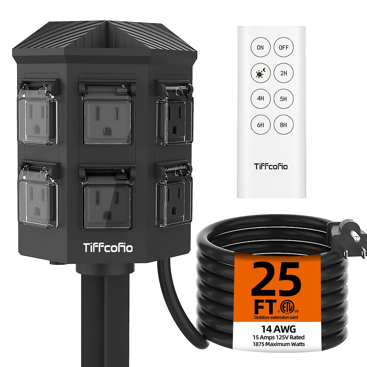 Tiffcofio Outdoor Power Stake With Timer, 25Ft Extension Cord Waterproof,Remote Control Dusk To Dawn Sensor Light Timer, 6 Groun