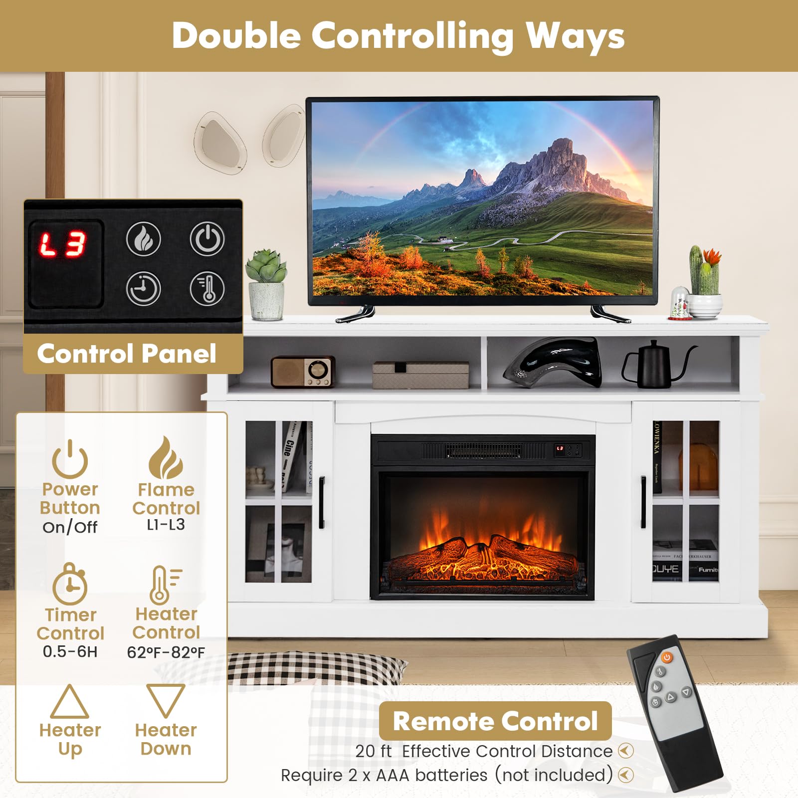 Costway Electric Fireplace Tv Stand For Tvs Up To 65 Inches, 1400W Heater Insert With Remote Control, 6H Timer, 3 Level Flame, Overheat Protection And Csa Certification, Adjustable Shelves, White