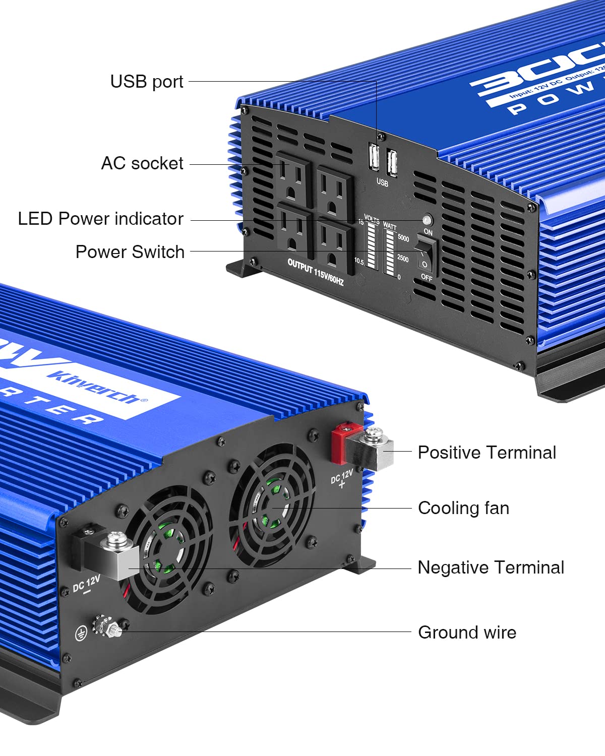 Kinverch 3000W Power Inverter 12V Dc To 110V Ac Car Battery Inverter With 4 Ac Outlets /2 Usb Port, Car Inverter For Home/Truck/