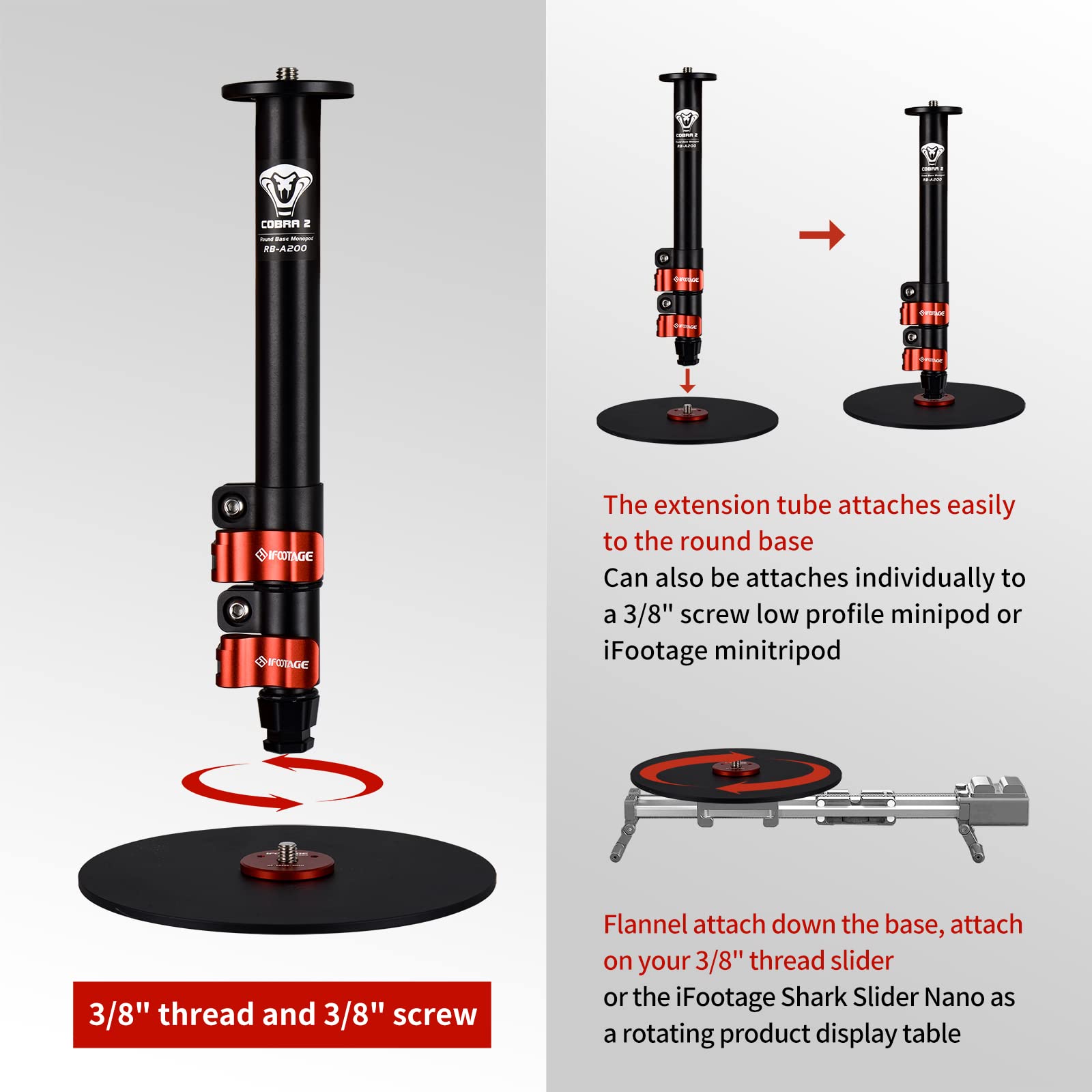 Ifootage Round Base Monopod Cobra Rb A200, 22'' Table Top Video Monopod For Cameras, Payload 10Kg/22Lbs
