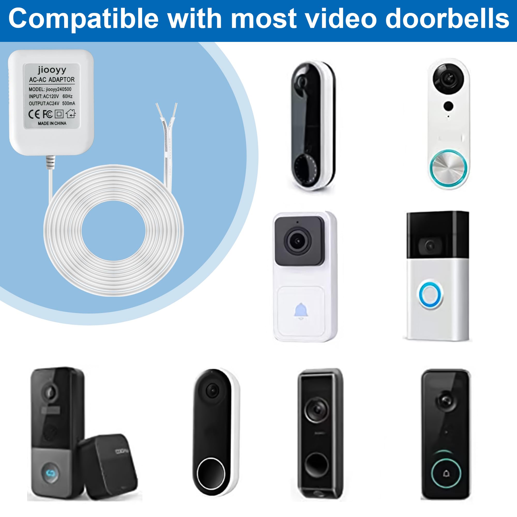 Jiooyy 24V 500Ma Doorbell Power Adapter   16.4Ft Long C Wire Power Supply, Doorbell Transformer Fits Ring, Nest Hello, Wyze, Euf