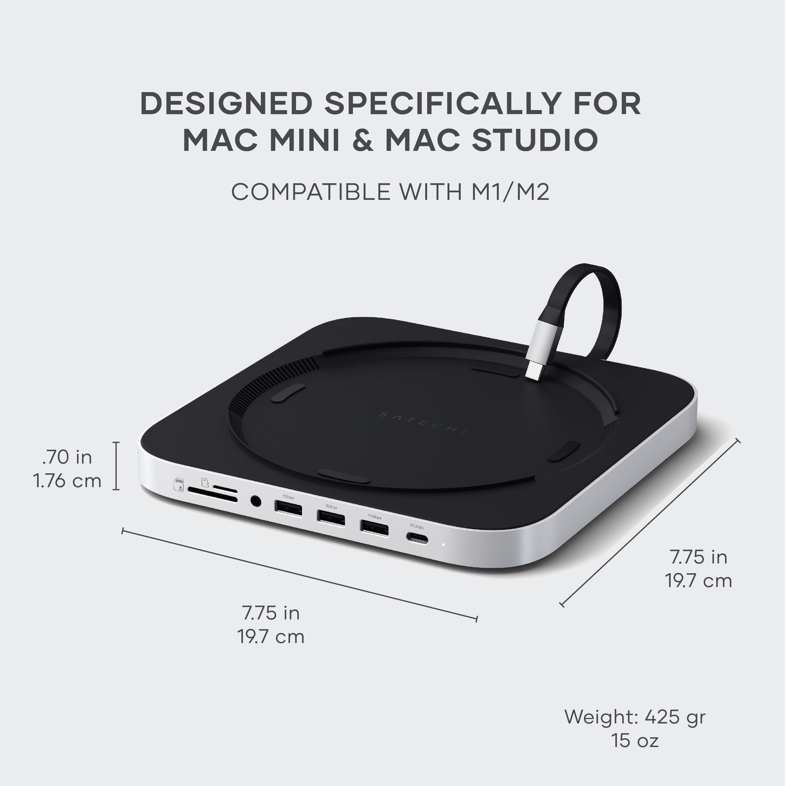 Satechi Mac Mini Hub & Stand - SSD Enclosure, USB C 10Gbps, 3 USB A, Audio Jack - Silver, Model ST-GMMSHS