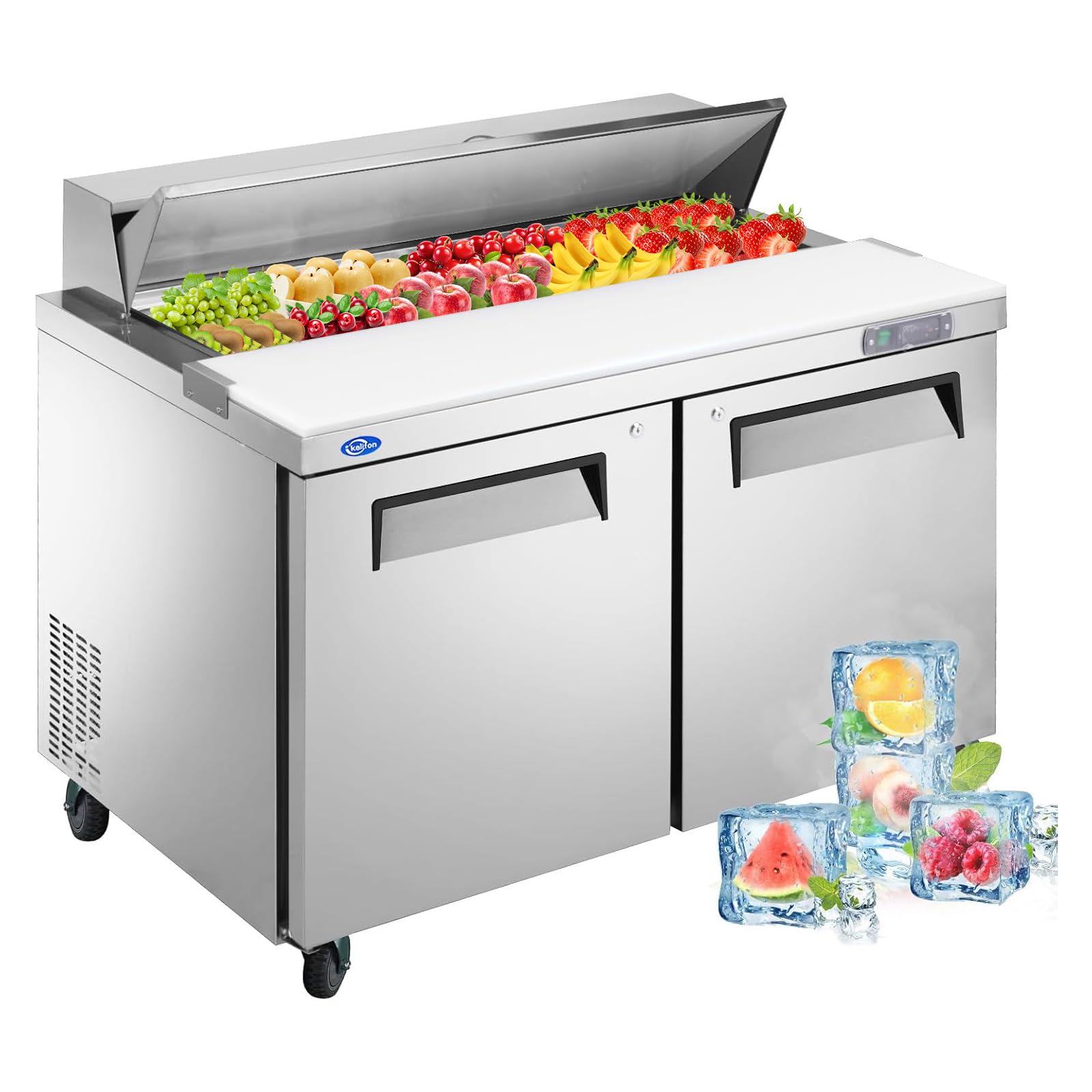 Kalifon 48'' W 2 Door Refrigerator Sandwich Salad Prep Table Commercial Stainless Steel Fan Cooling Refrigerator With Cutting Bo