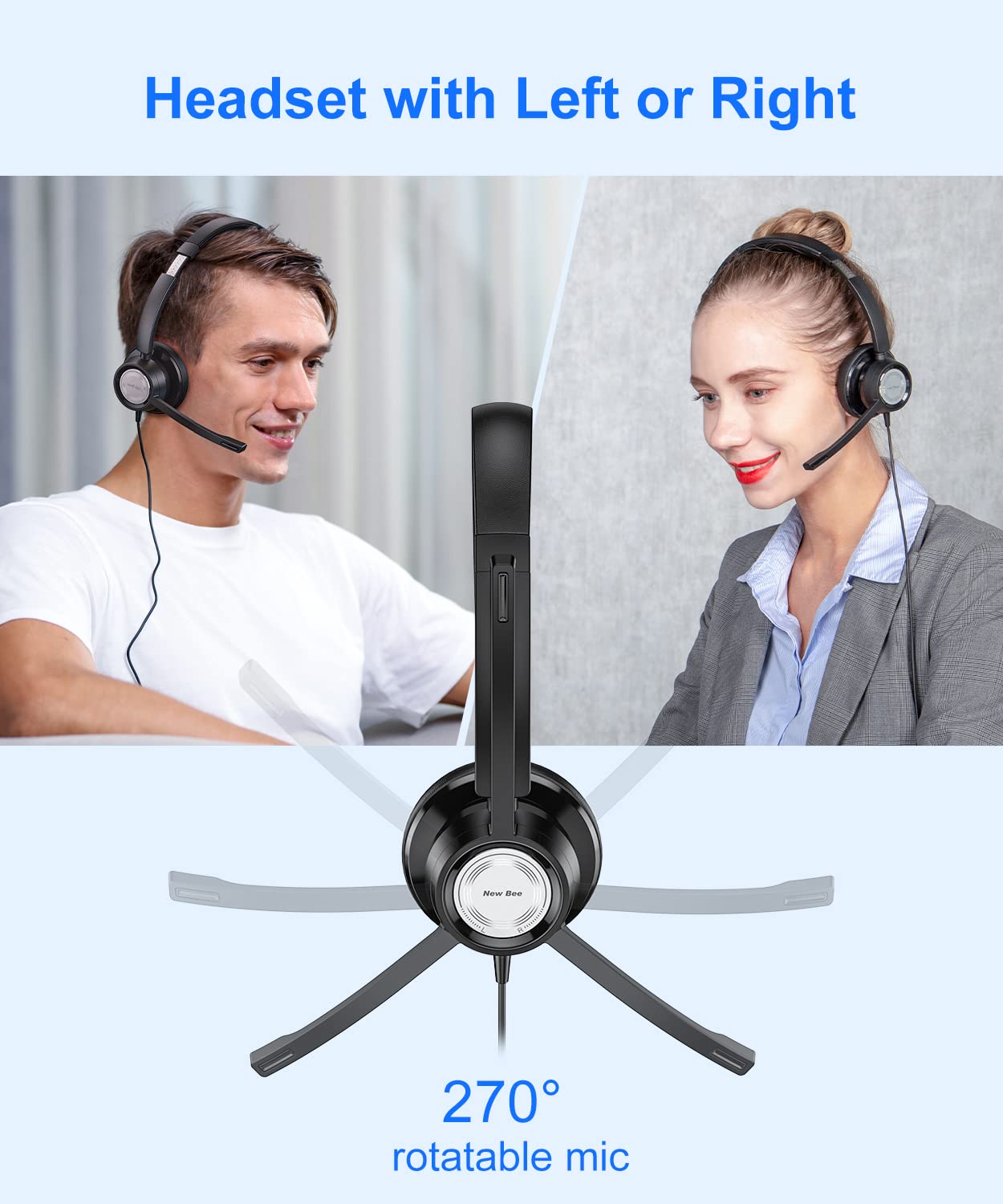 New Bee Usb Headset With Microphone For Pc Computer Headset, Single Ear Headset Noise Cancelling Mic, Call Center Wired Headset With 3.5 Mm/Usb/Type C For Skype Zoom Tablet Laptop