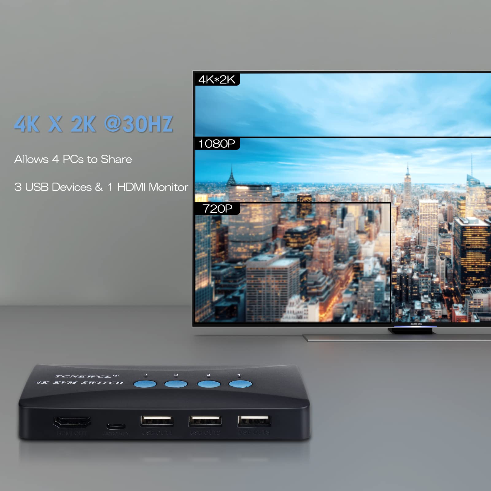 Tcnewcl Kvm Switch 4 Port, Hdmi Kvm Switcher 4Kx2K@30Hz For 4 Computers Sharing 1 Hd Monitor And 3 Usb Devices Keyboard Mouse Pr