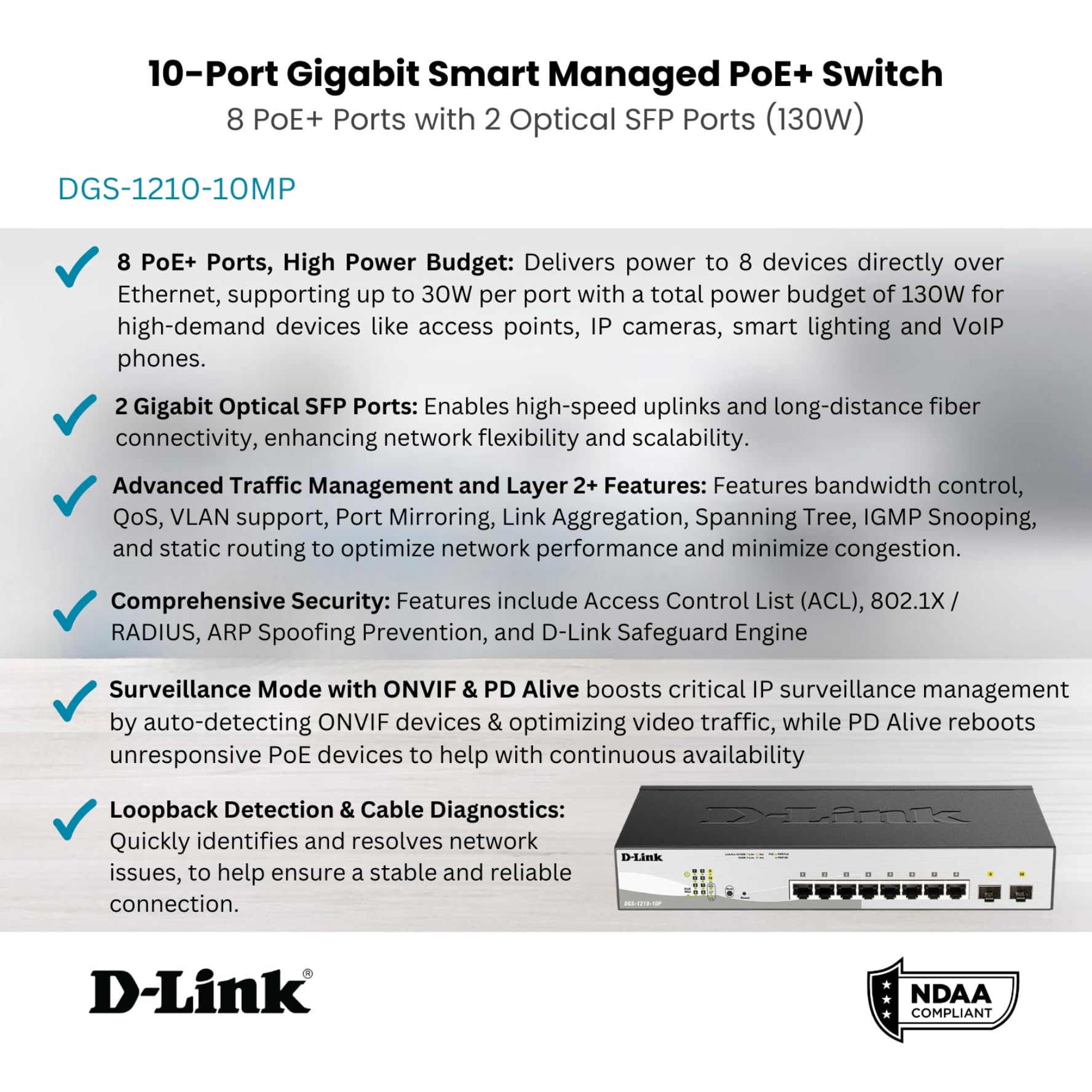D Link Poe+ Switch, 8 10 Port Smart Managed Layer 2+ Gigabit Ethernet With 2 Gigabit Sfp Ports And 130W Poe Budget (Dgs 1210 10M