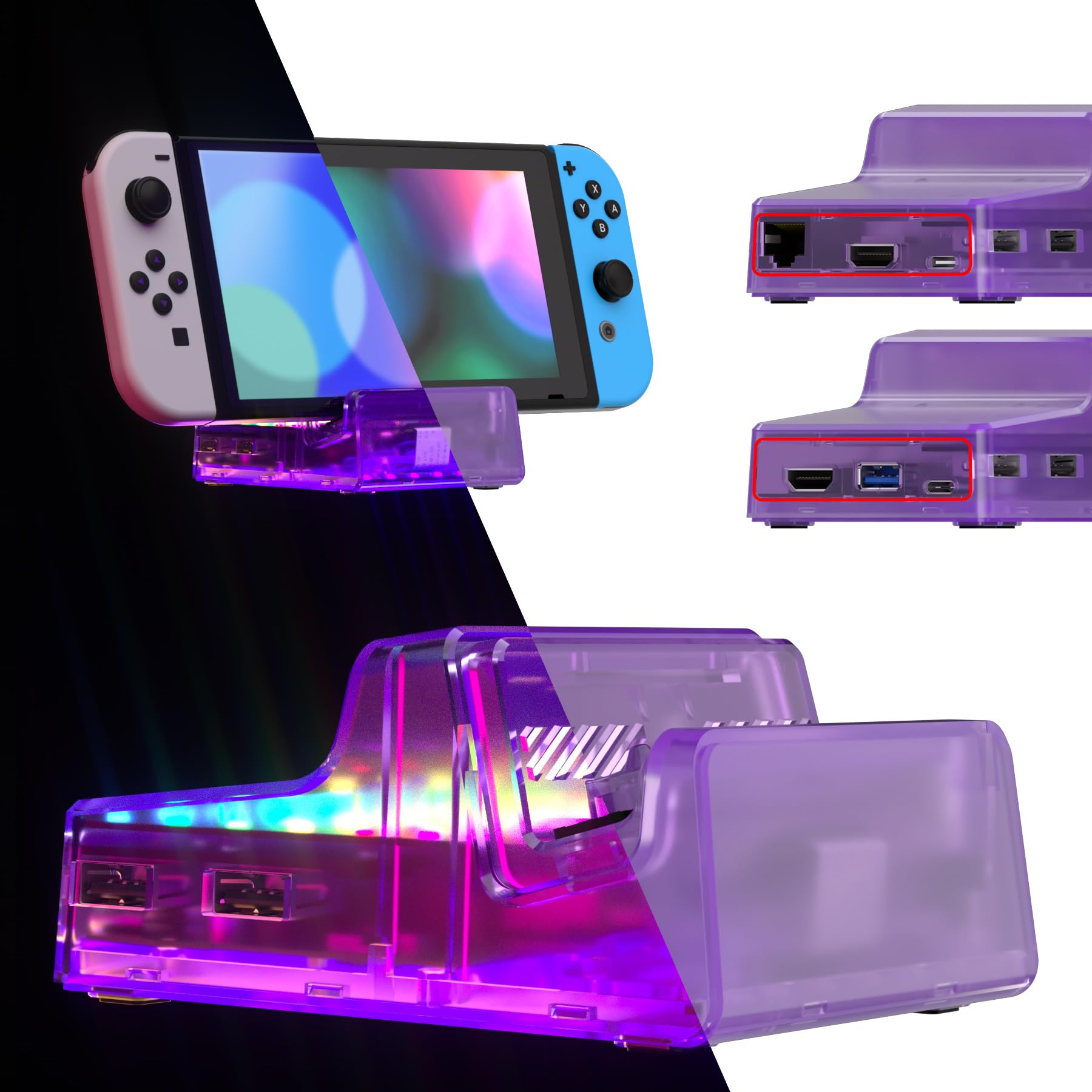 eXtremeRate AiryDocky DIY Kit LED Version Replacement Shell Compatible with Nintendo Switch Dock, Clear Atomic Purple Redesigned