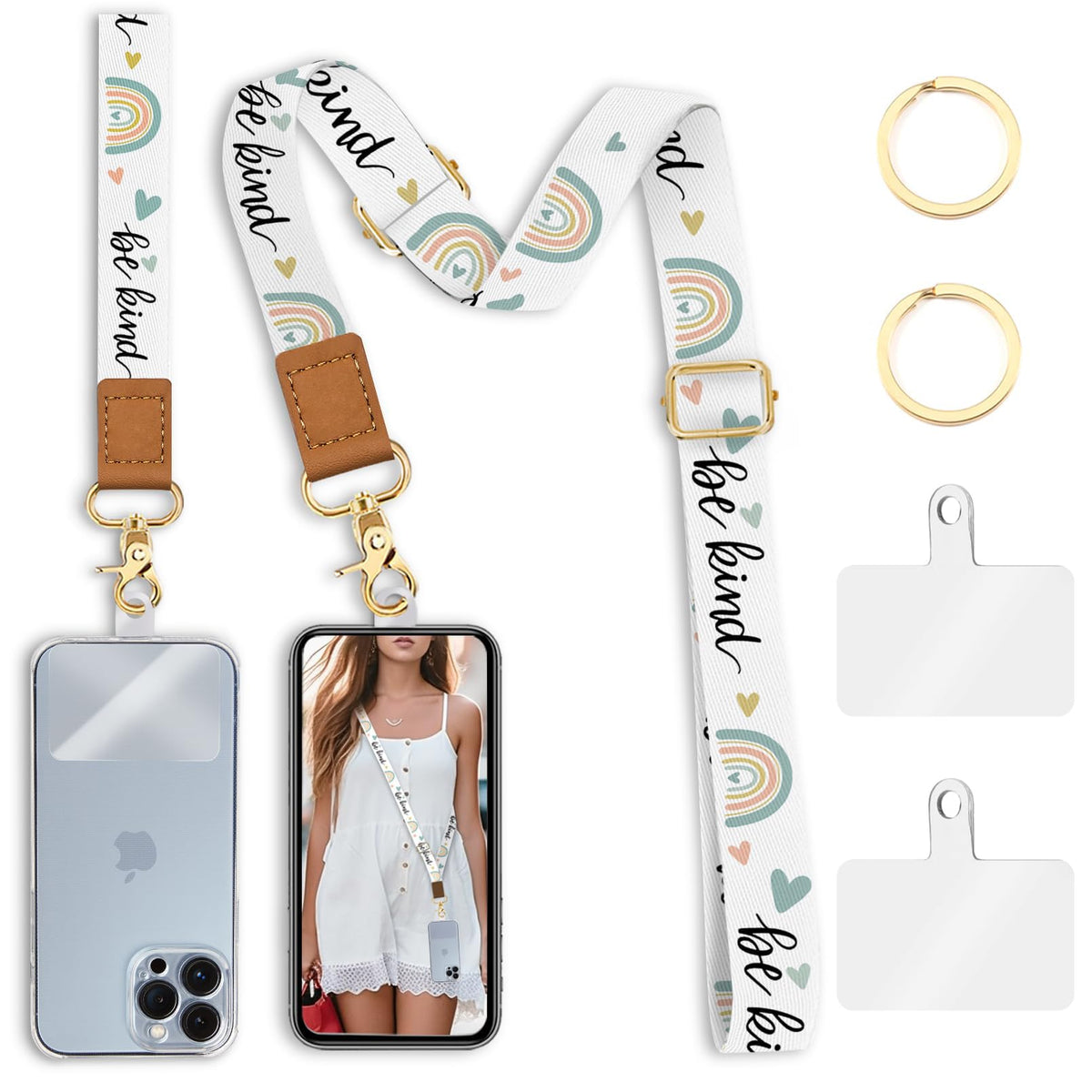 Piefly Phone Lanyard Crossbody Wrist Strap, Be Kind Cell Phone Lanyards For Around The Neck Wristlet, Adjustable Rainbow Phone W