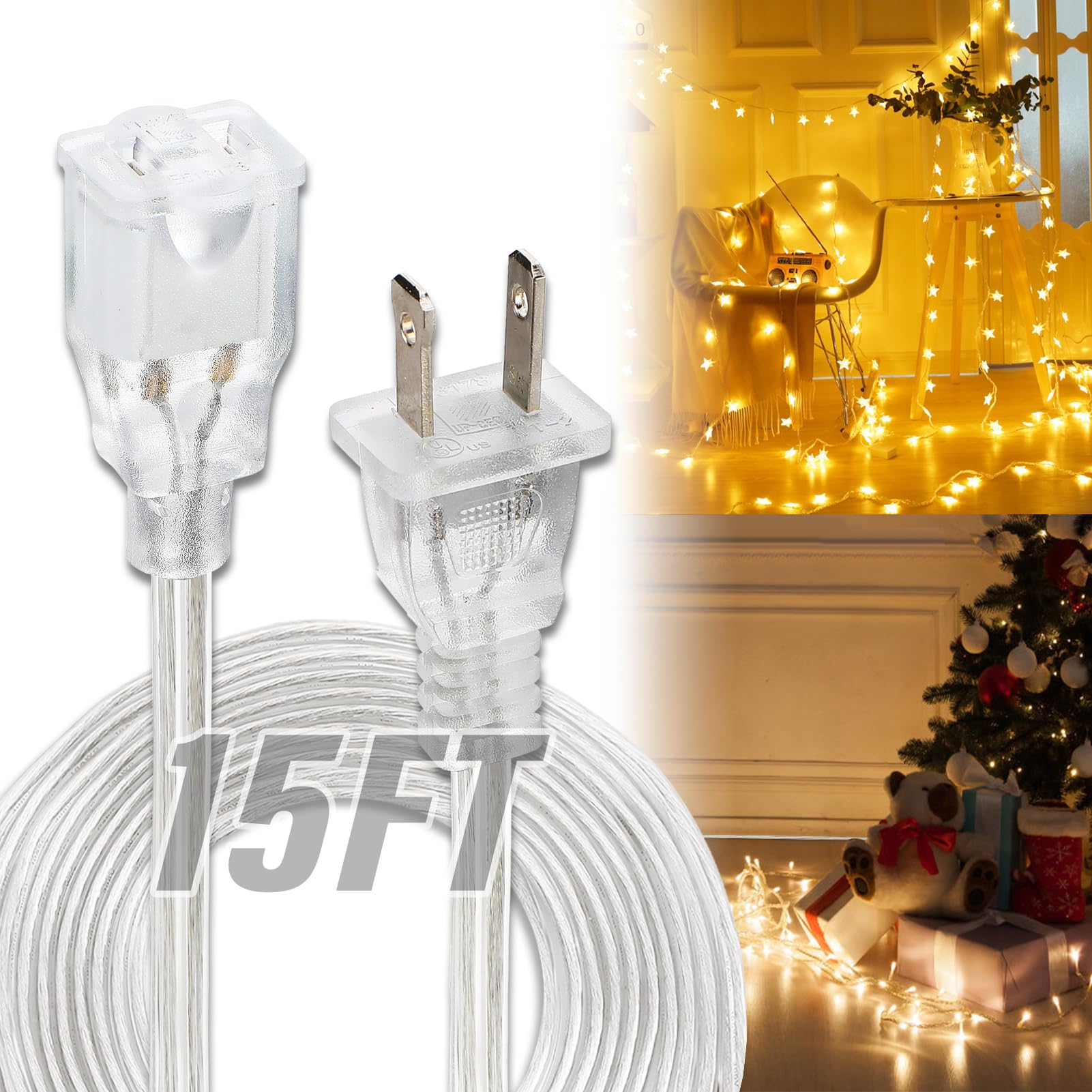 Clear Extension Cord   15 Ft Male To Female Invisible Indoor 2 Prong Power Cable, Thin For Christmas Tree Lighting, Ul Certified